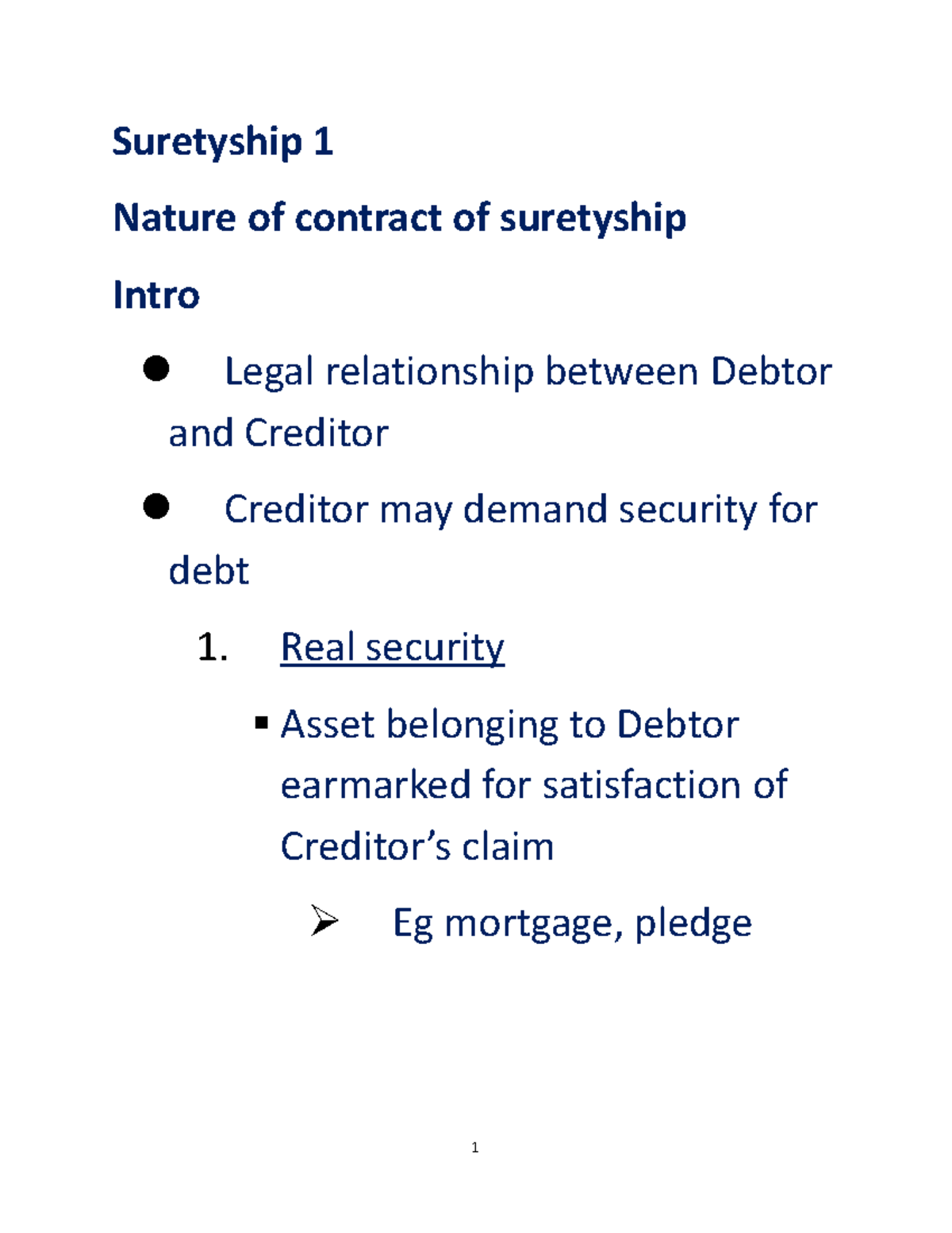 Suretyship Lecture Notes 1 - Suretyship 1 Nature of contract of ...