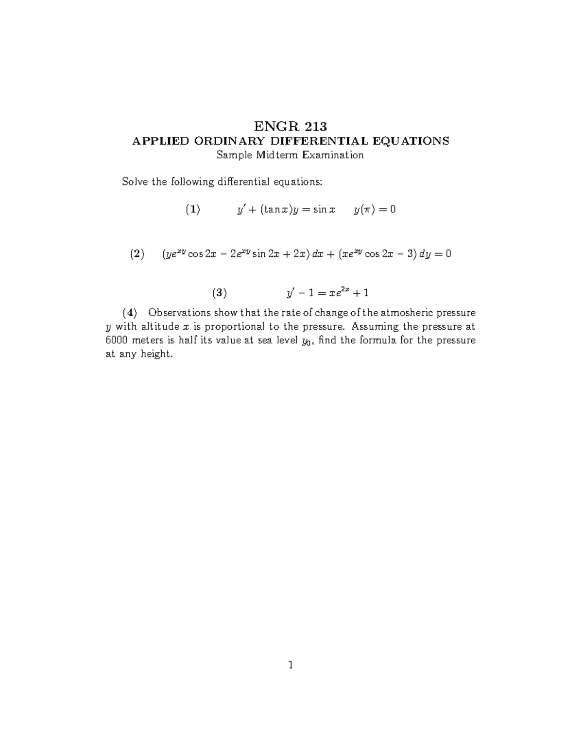 ENGR 213 Midterm 1-sample - ENGR 213 APPLIED ORDINARY DIFFERENTIAL ...