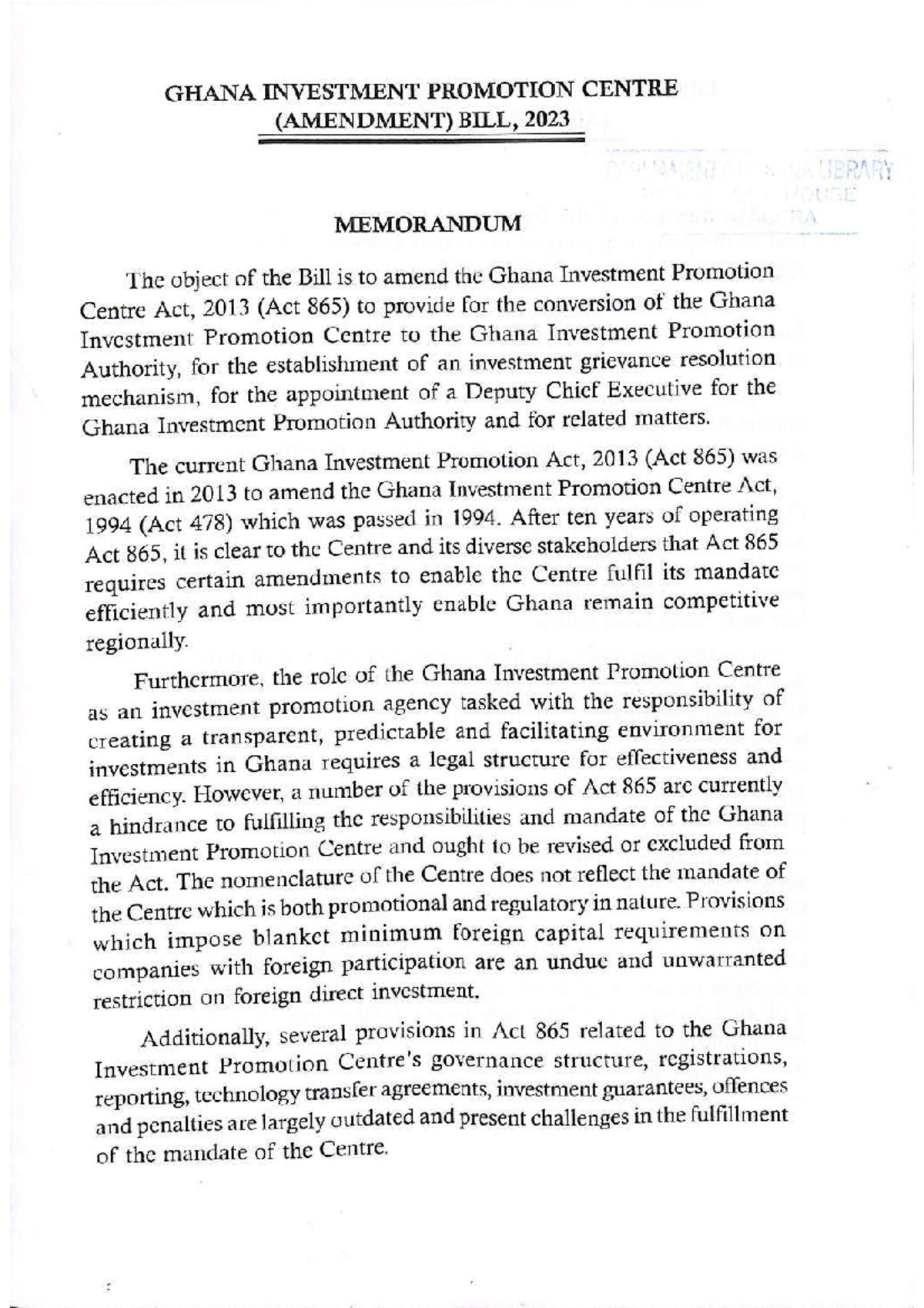Ghana Investment Promotion Centre (Amendment) Bill, 2023 GHANA