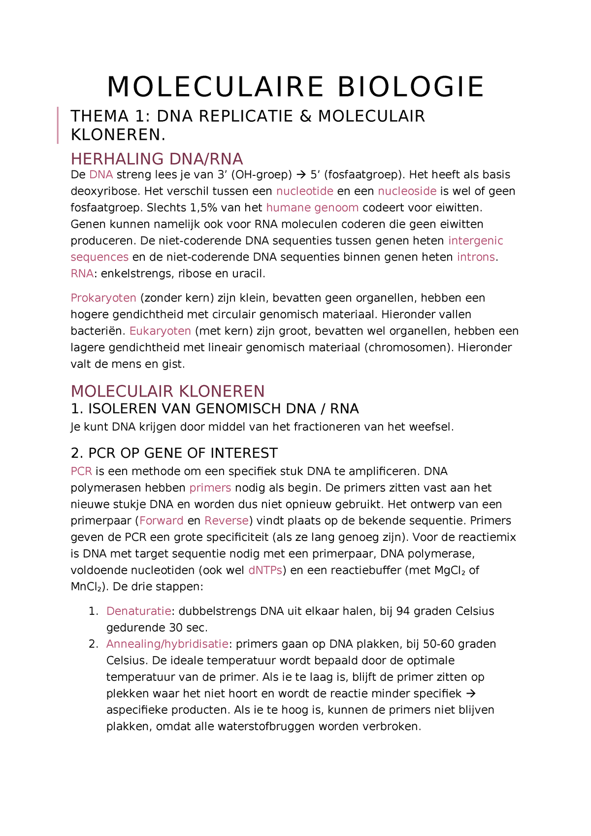 Molbio Thema 1 - Samenvatting Moleculaire Biologie - MOLECULAIRE ...