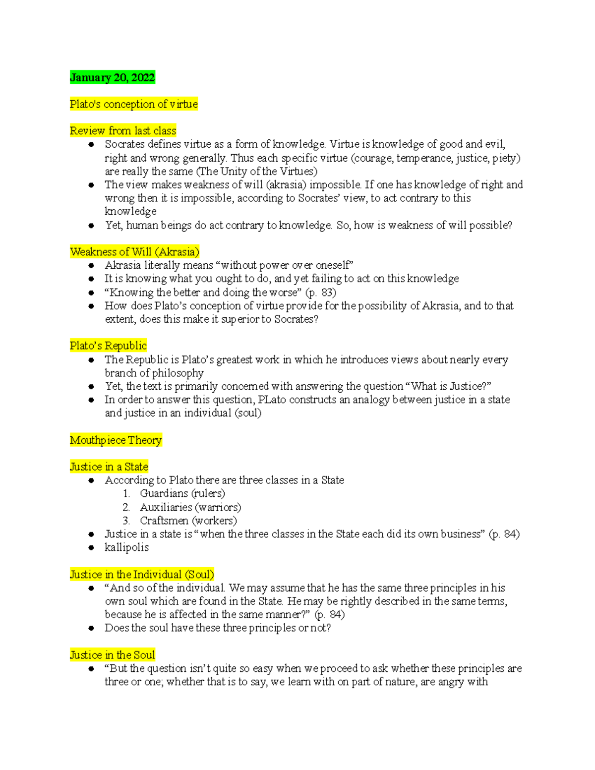 PHI150 3 - notes - January 20, 2022 Plato's conception of virtue Review ...