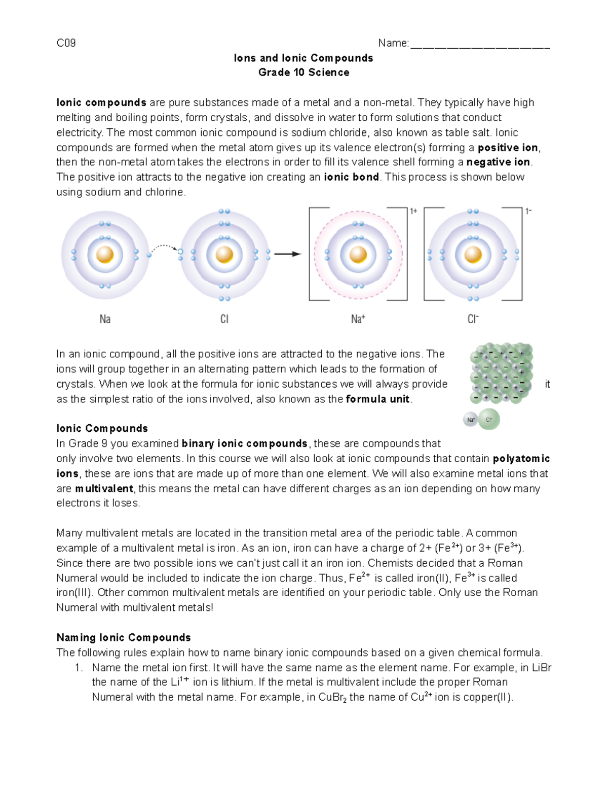  Ionic Compounds Student Note Worksheet C09 Name
