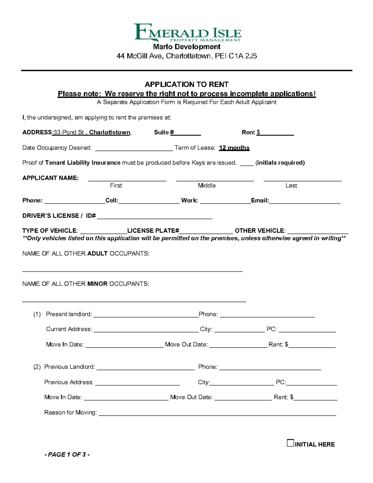 Application for Pond St rental Marlo Development 44 McGill Ave