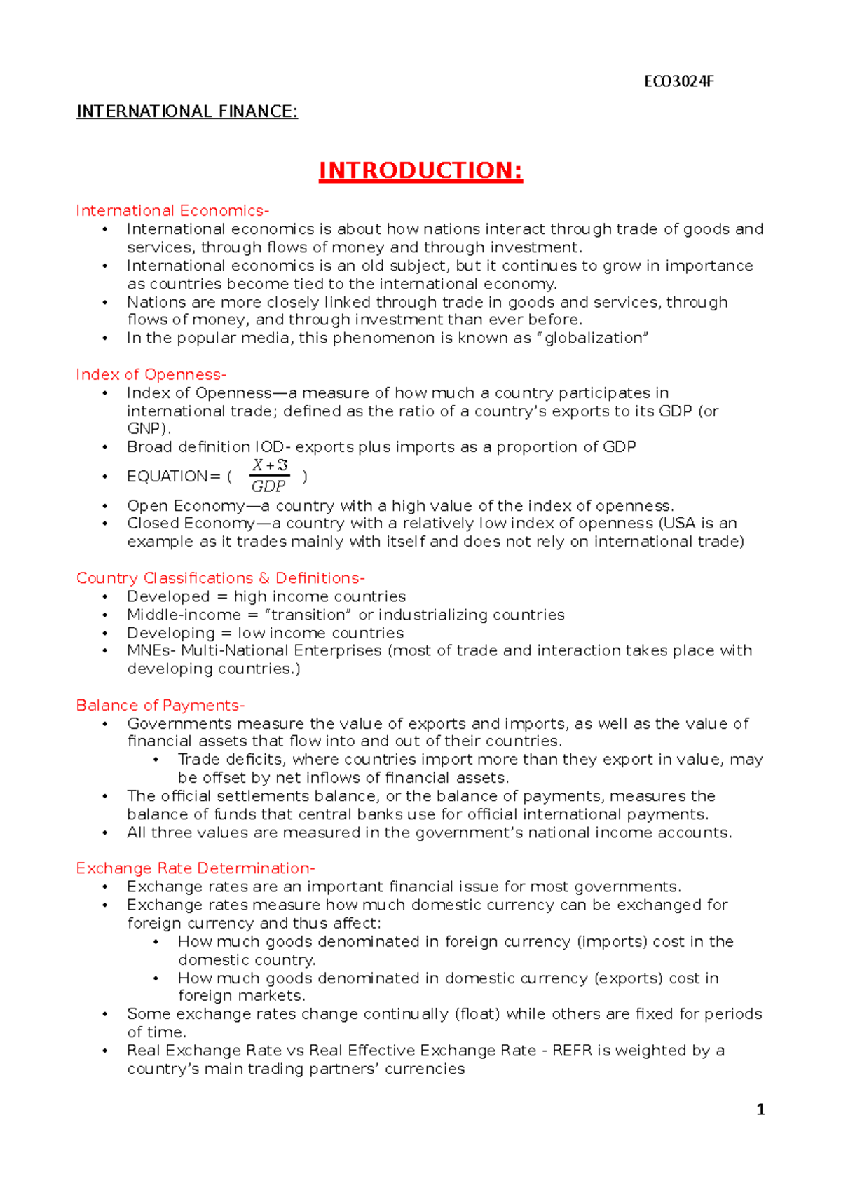 International Finance Notes - INTERNATIONAL FINANCE: INTRODUCTION ...