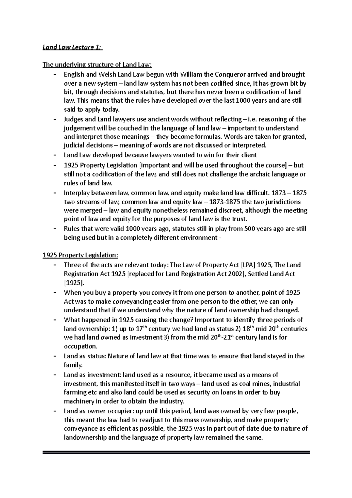 Land Law - Term 1 - Lecture notes 1-9 - Land Law Lecture 1: The ...