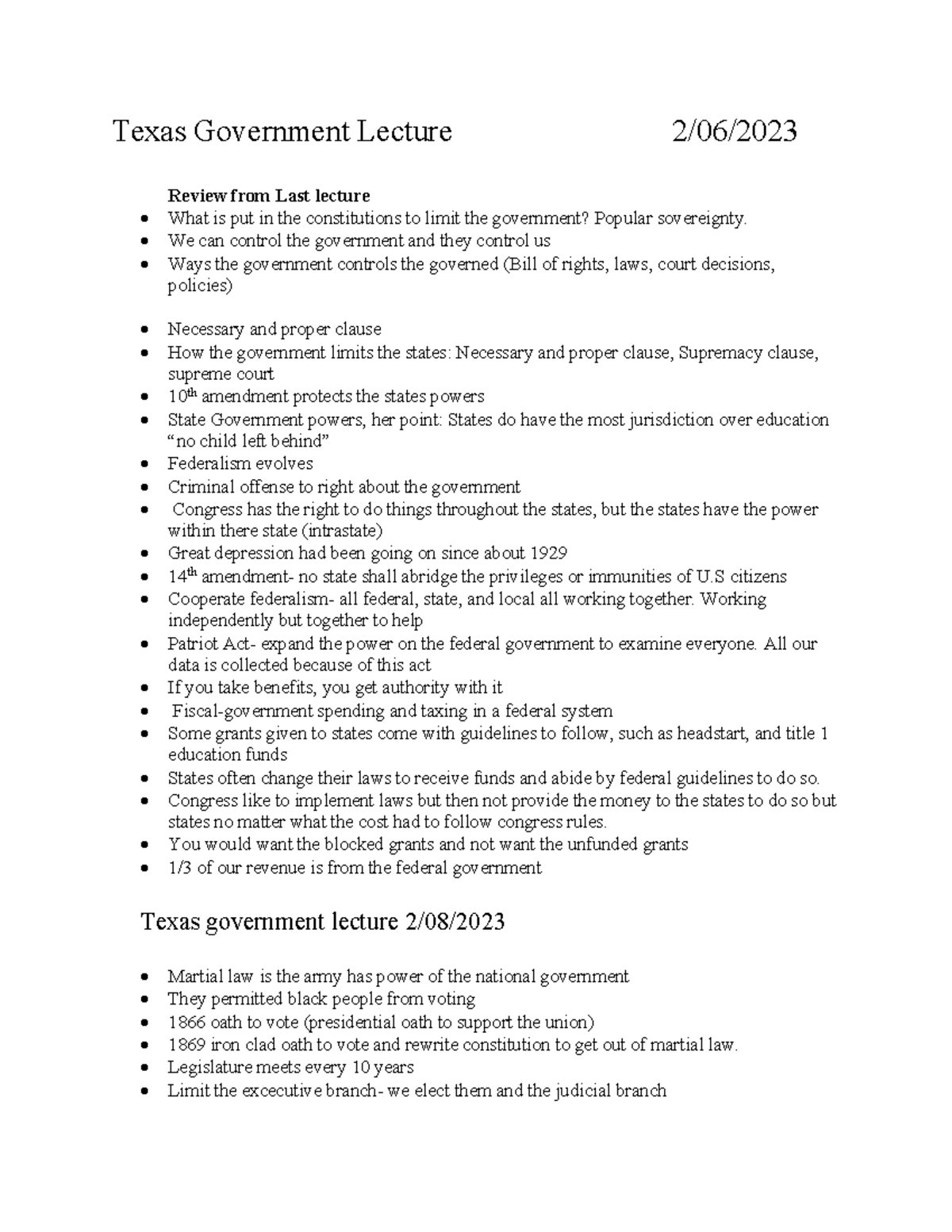 Texas Government Lecture Notes Texas Government Lecture 2/06/ Review from Last lecture • What
