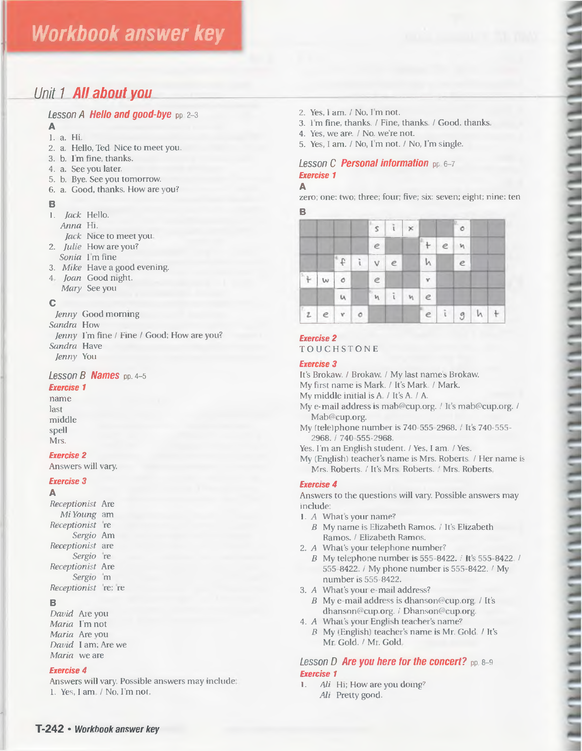 Touchstone 1 Work Book Answer Key 1s ed - Workbook answer key Unit1 All  about you Lesson A Hello and - Studocu