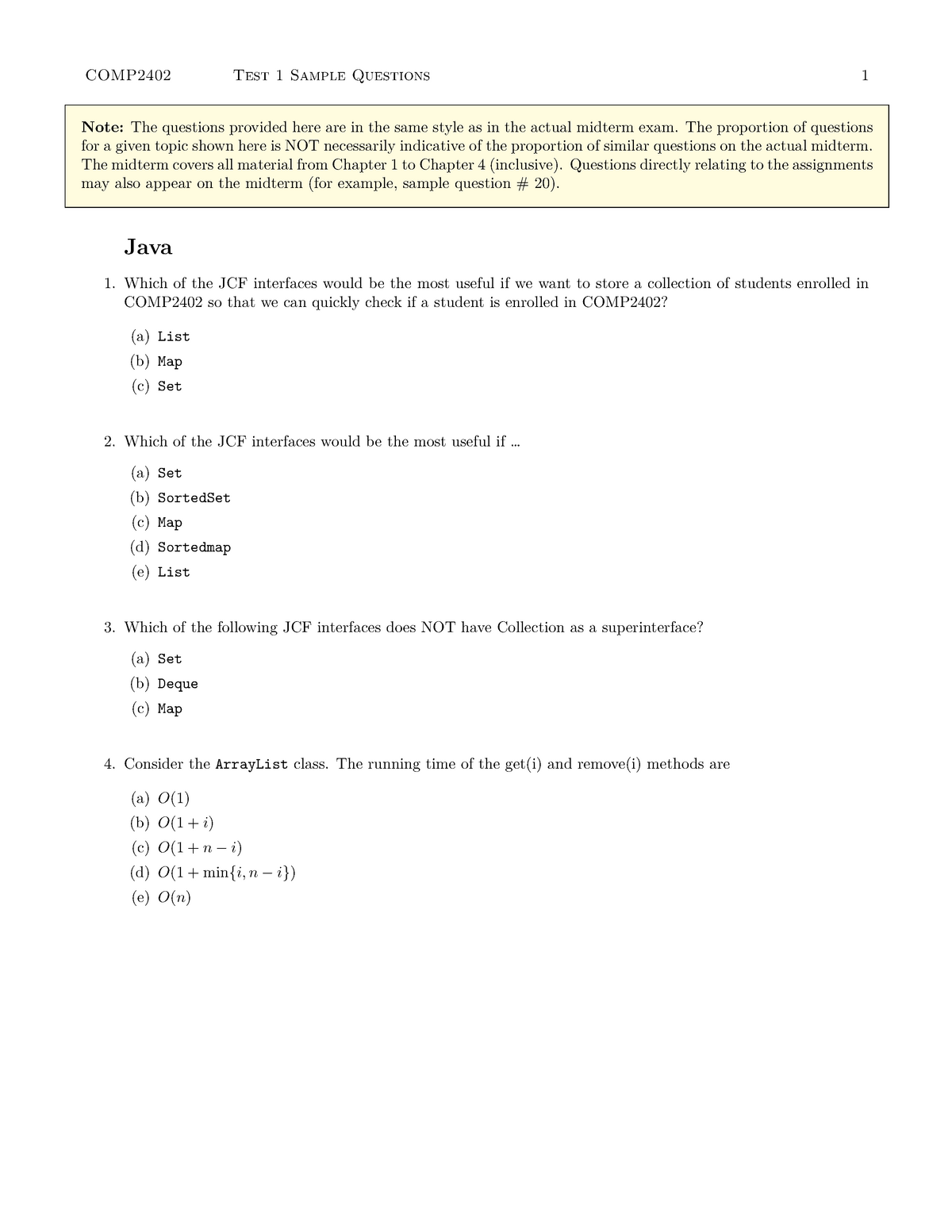 Midterm 10 October 2018, questions - COMP2402 Test 1 Sample Questions 1 ...