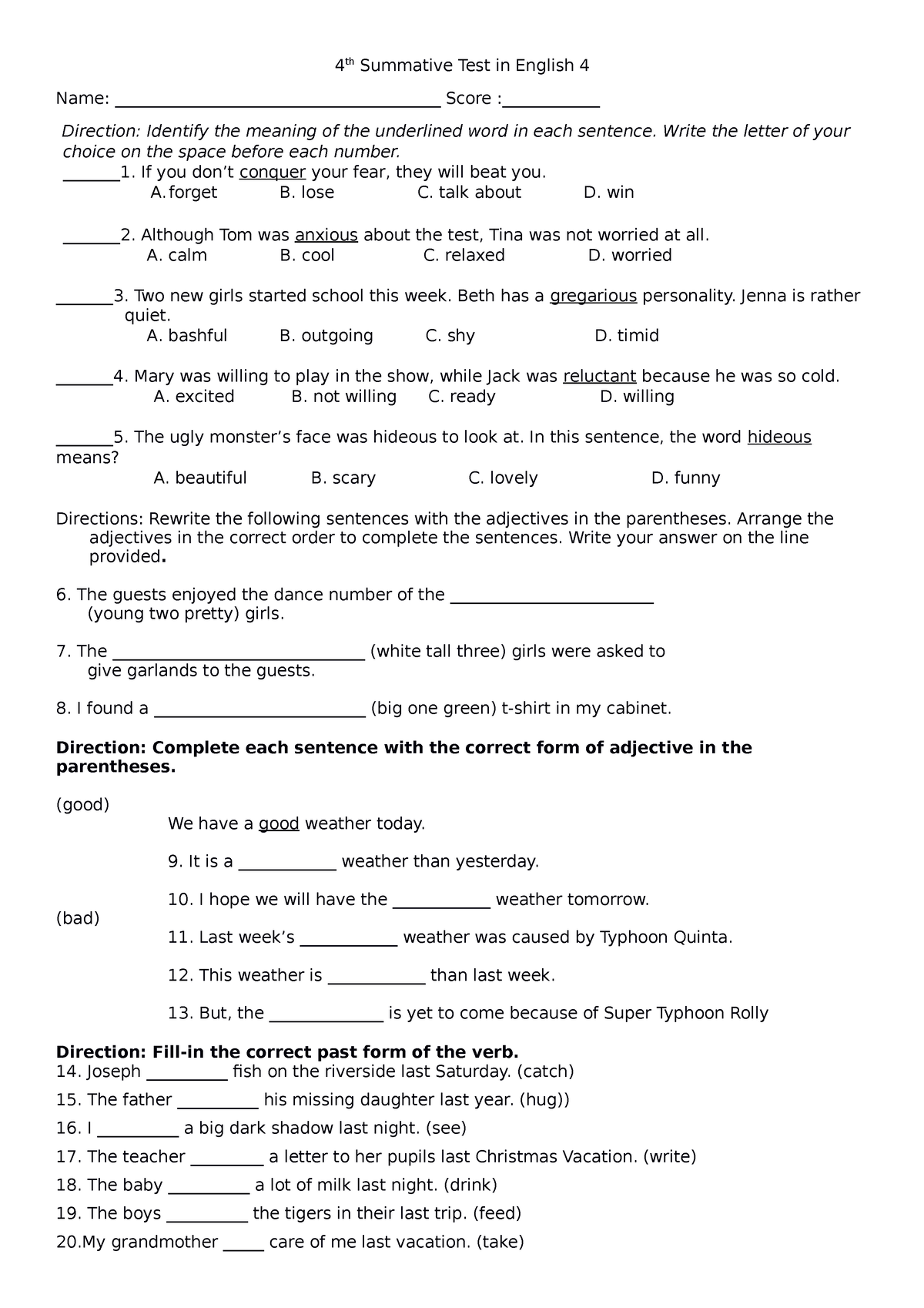 4th Summative Test In English 4 - Write The Letter Of Your Choice On ...