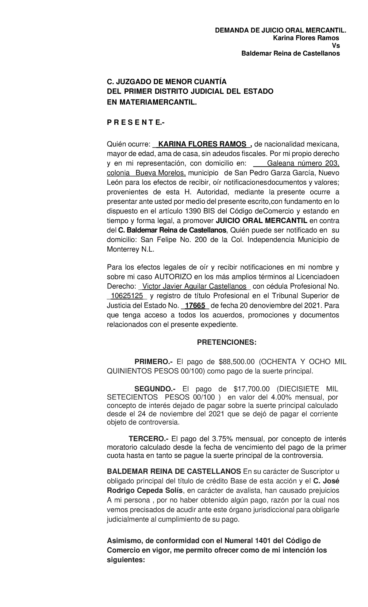 Demanda DE Juicio ORAL Mercantil Clinica DE Derecho - DEMANDA DE JUICIO ...