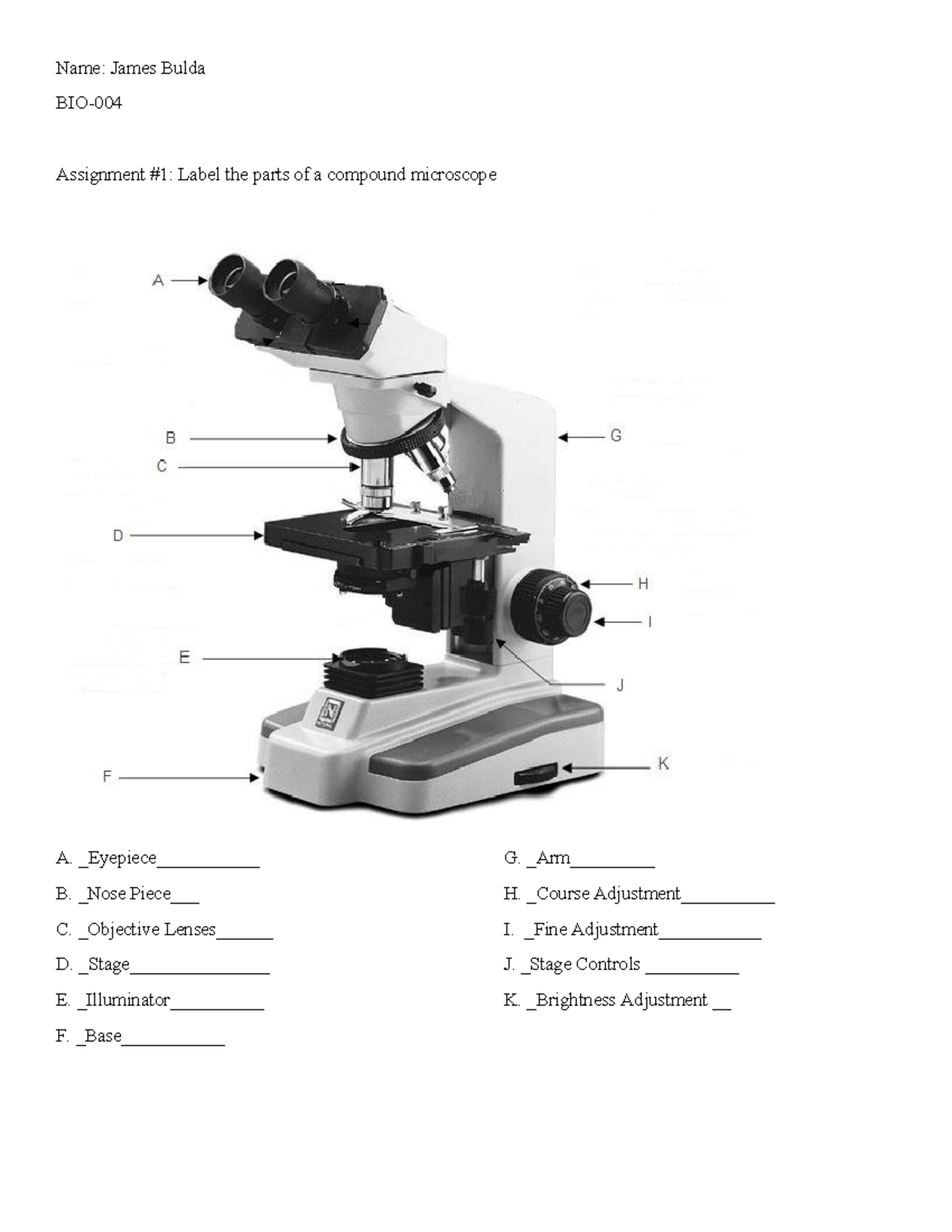 Assignment 1- Parts of Compound Microscope - BIO 203 - Name: James ...