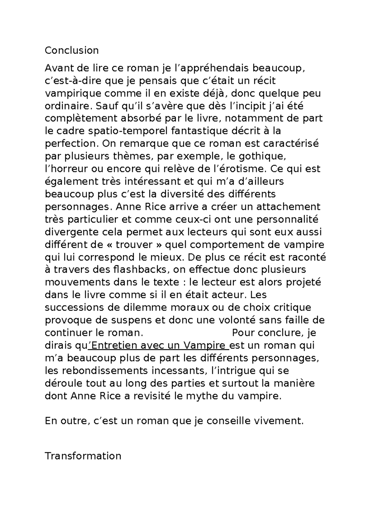 Entretien avec un Vampire, conclusion - Conclusion Avant de lire ce ...
