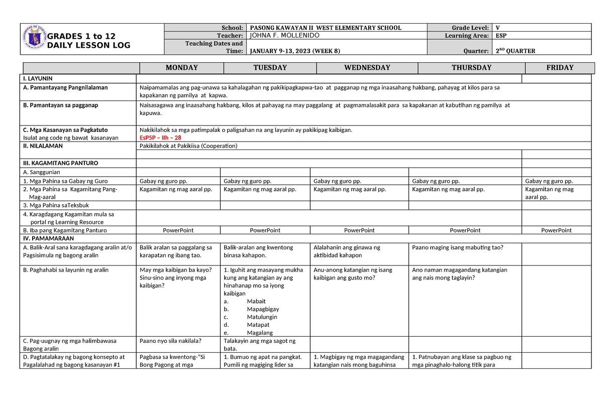 Dll Esp 5 Q2 W8 Esp 5 Dll Grades 1 To 12 Daily Lesson Log School Pasong Kawayan Ii West 1067