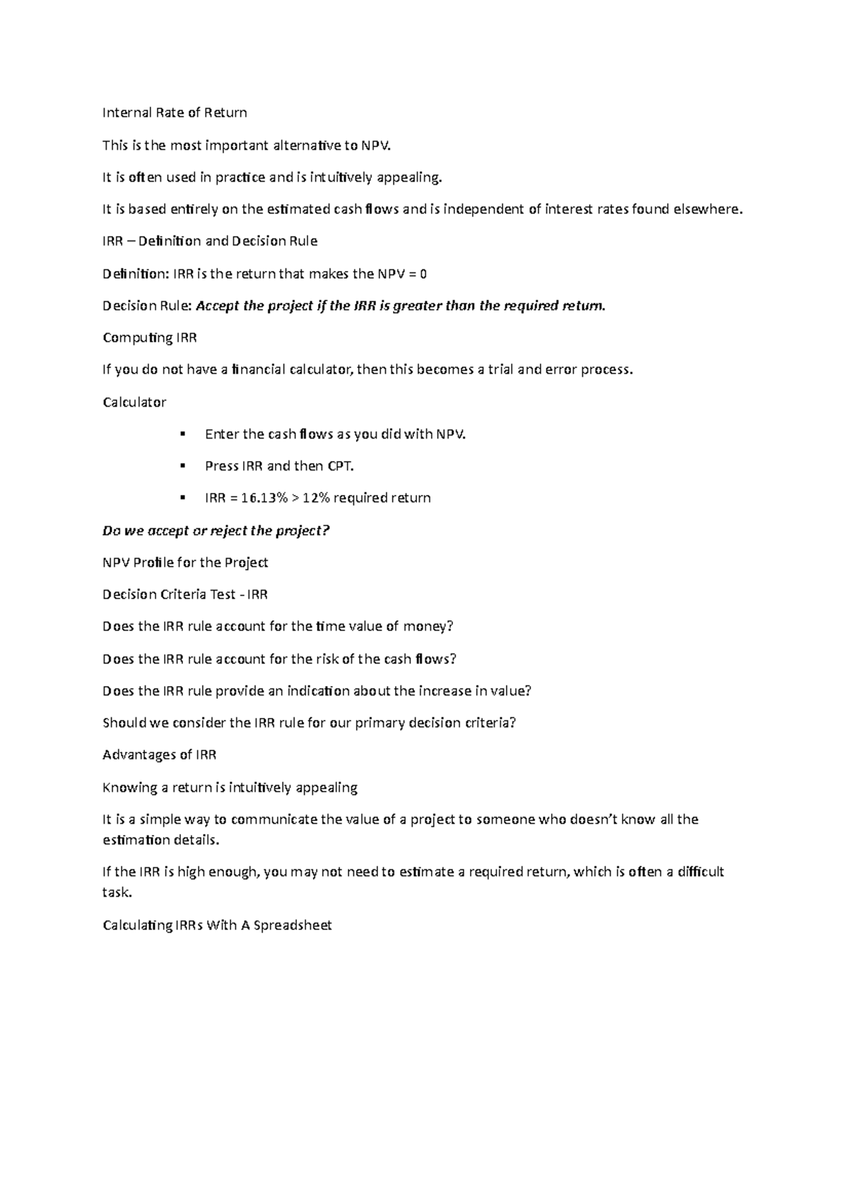 NPV 5 Net present value notes Internal Rate of Return This is the