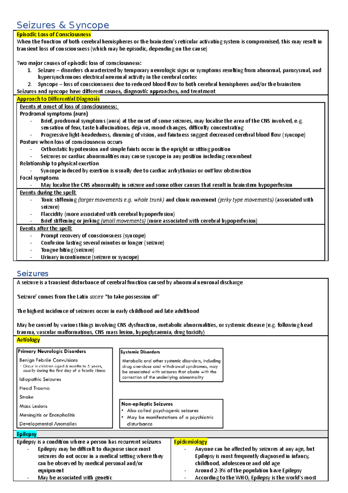 10 - Seizures & Syncope - Lecture notes 10 - CHI 336 - Murdoch - Studocu