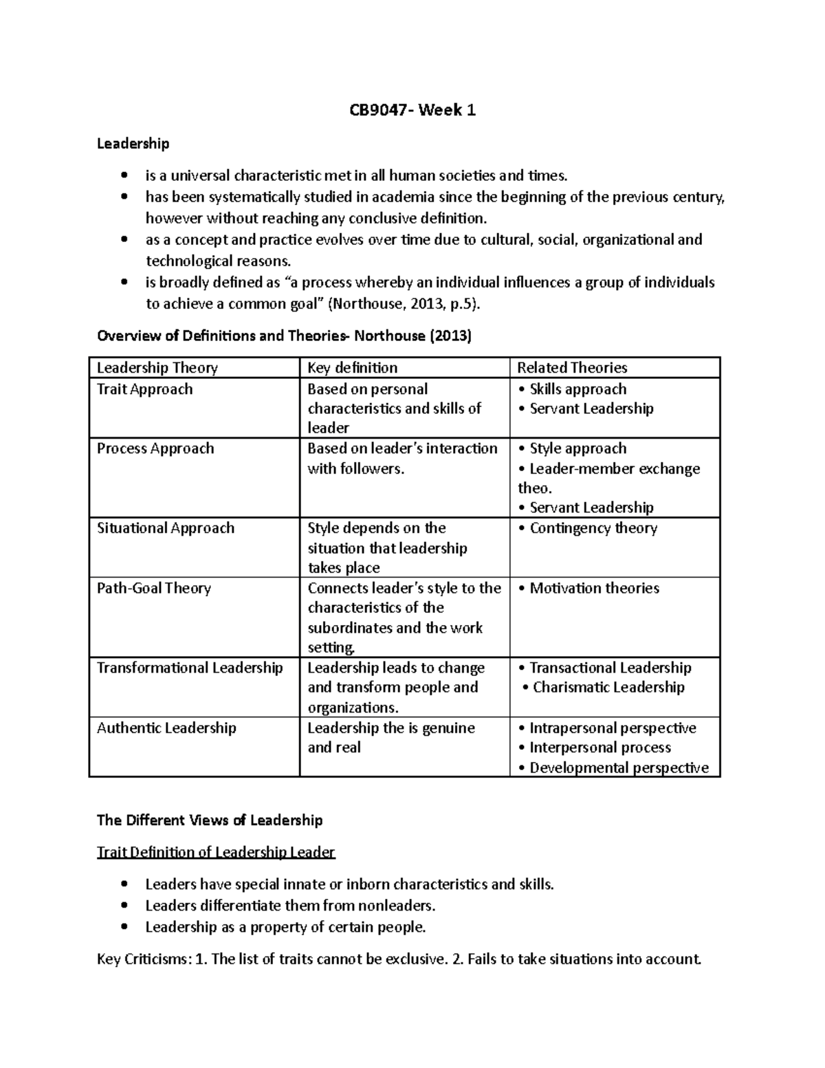 CB9047- Week 1 - Leadership and Management Lecture Notes - CB9047- Week ...