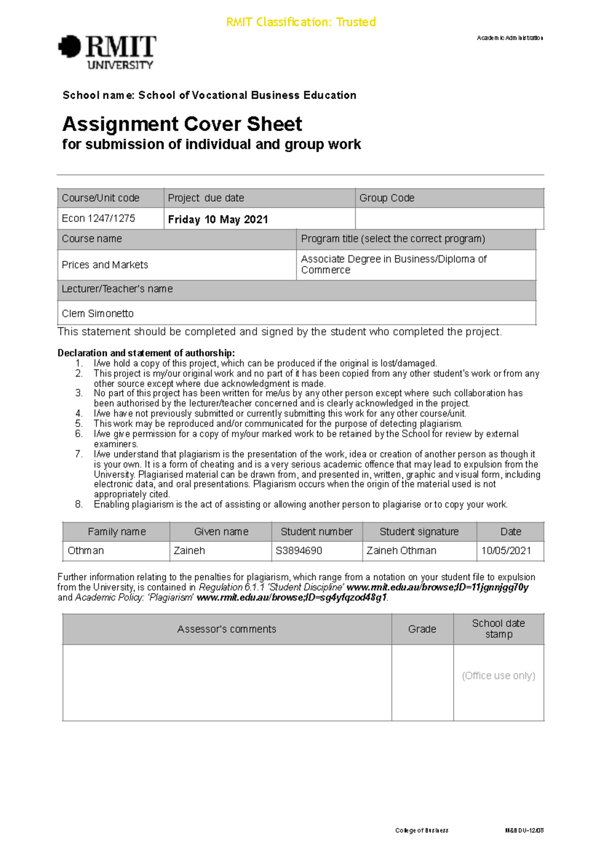 Industry project - Prices and Markets - RMIT Classification: Trusted ...