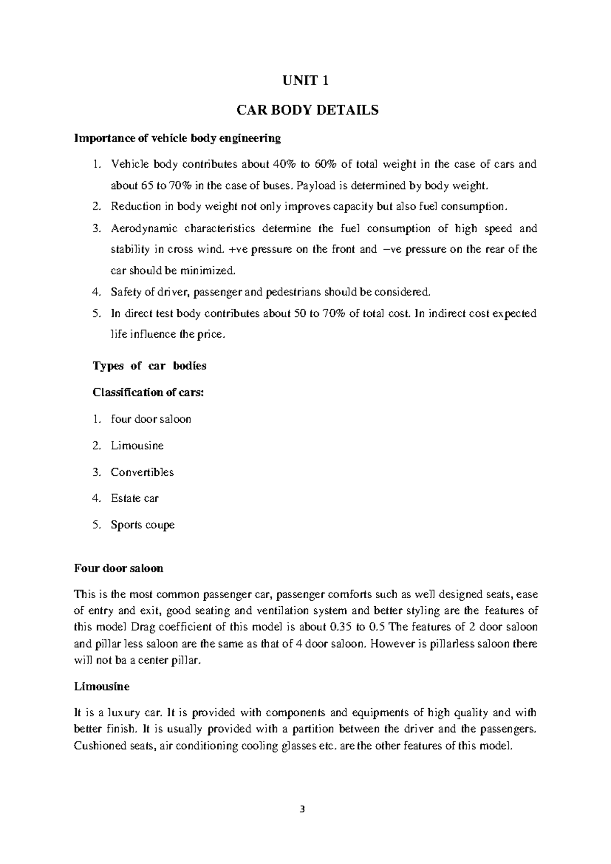 CAR BODY Details notes UNIT 1 CAR BODY DETAILS Importance of vehicle body engineering Vehicle