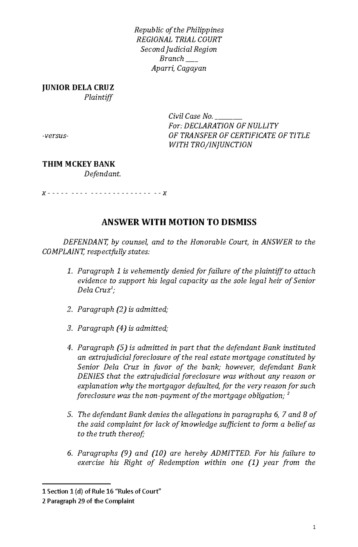 Answer with comments 1 - Republic of the Philippines REGIONAL TRIAL ...