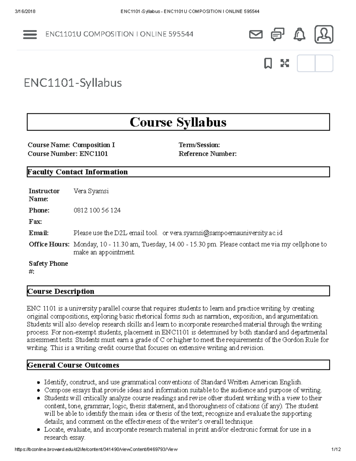 ENC1101 Syllabus ENC1101 U Composition I Online 595544 - ENC1101 ...