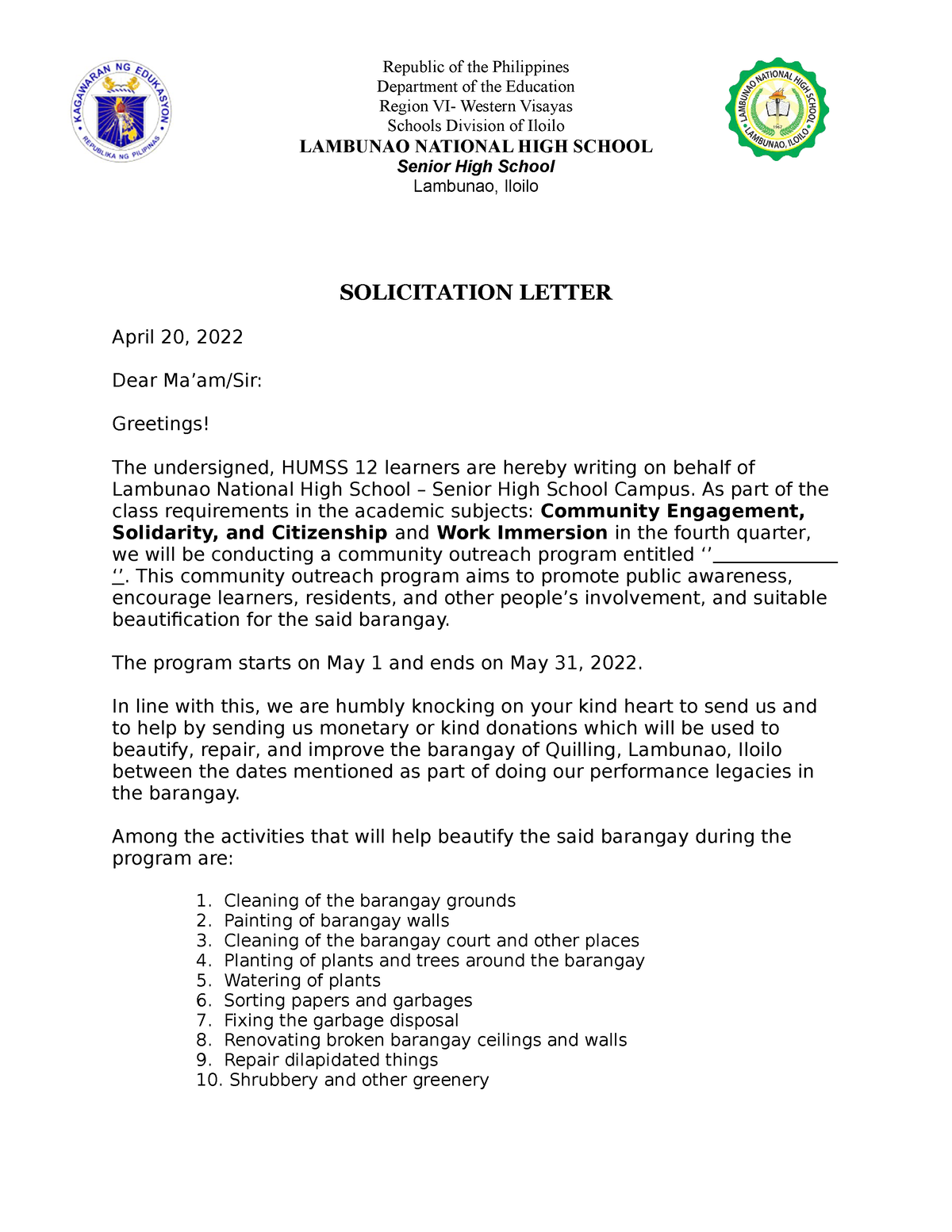 Solicitation Letter Ni Daryl Republic Of The Philippi 4283