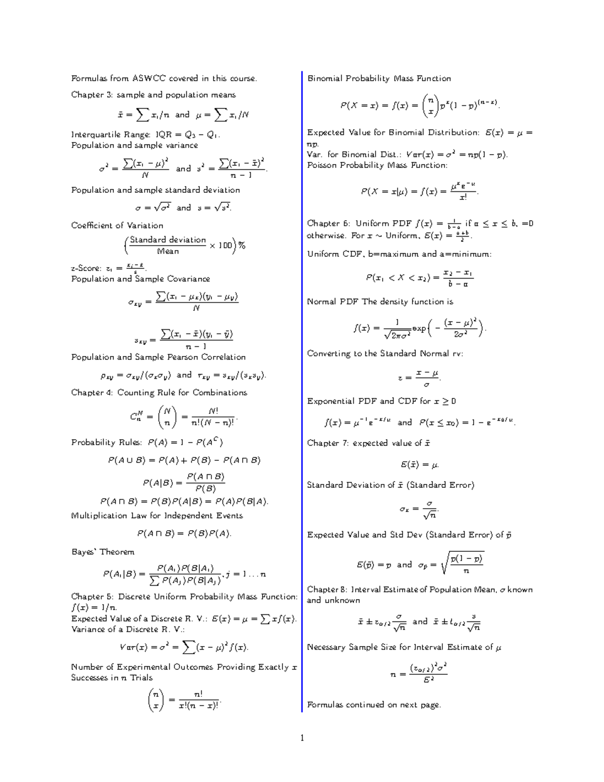 ECN221 Formulas for exams Arizona State University - Formulas from ...