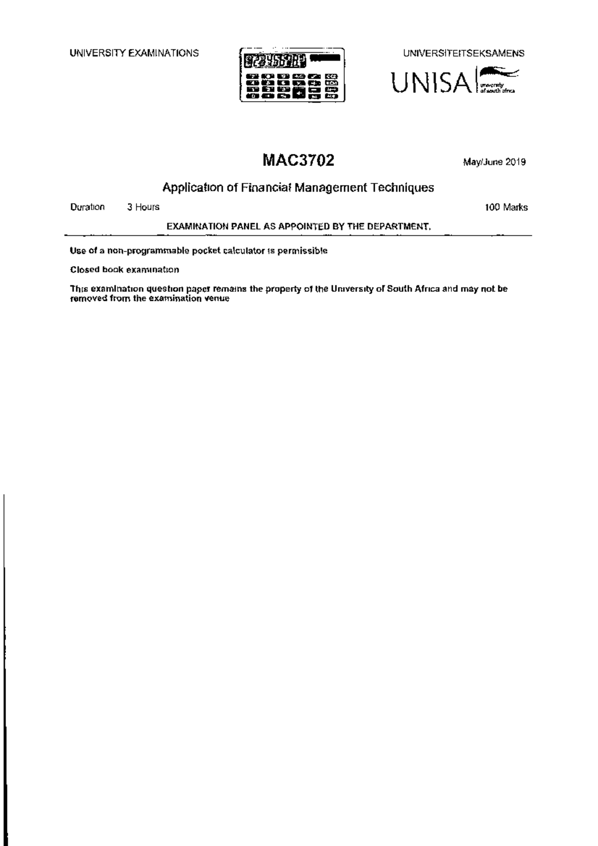 May June 2019 - Past Exam Papers - MAC3702 - Studocu