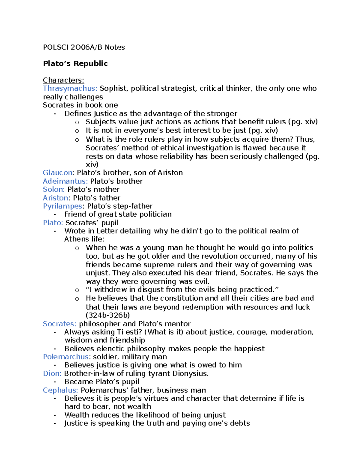 Polsci 2O06A Notes - POLSCI 2O06A/B Notes Plato’s Republic Characters ...