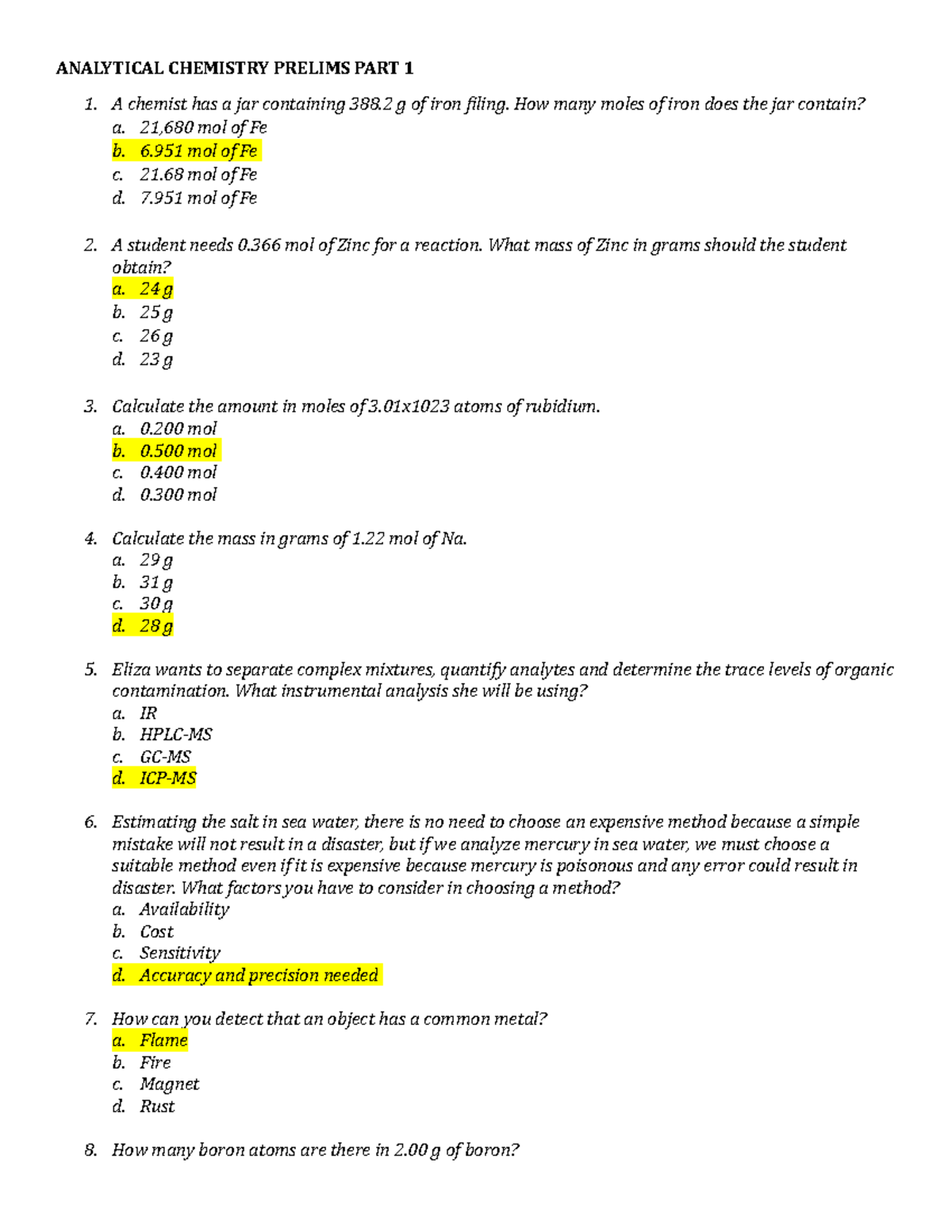 Analytical Chemistry Prelims Examination PART 1 - ANALYTICAL CHEMISTRY ...