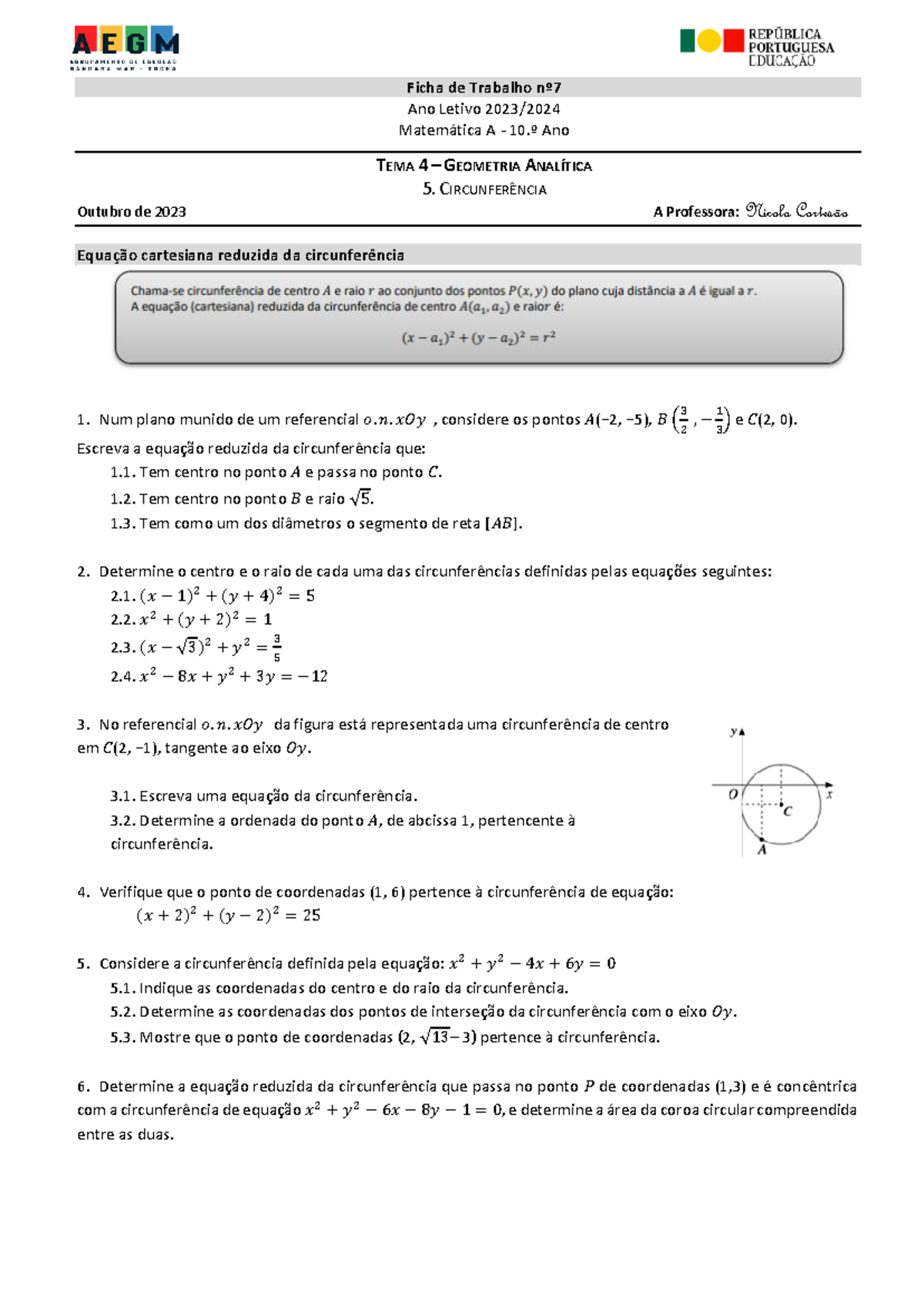 Ft7 Circunferencia Geometria Ficha De Trabalho Nº 7 Ano Letivo 202