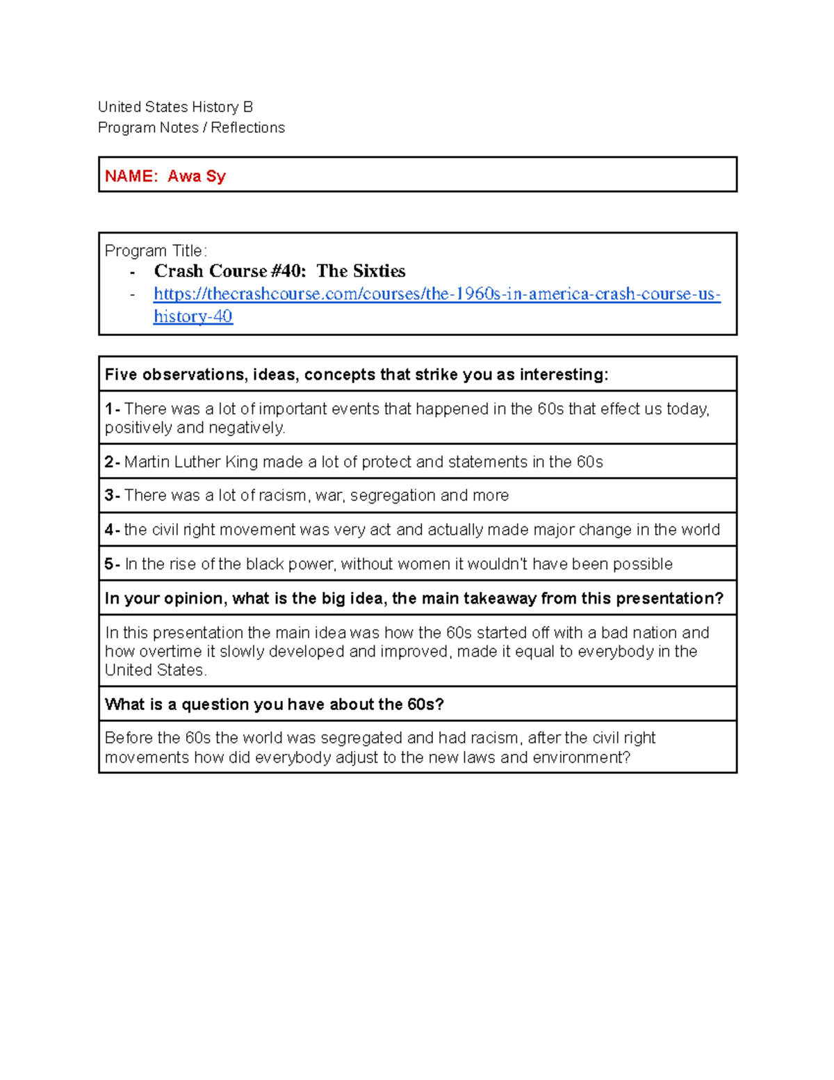 Program Notes The 1960s Crash Course 40 United States History B