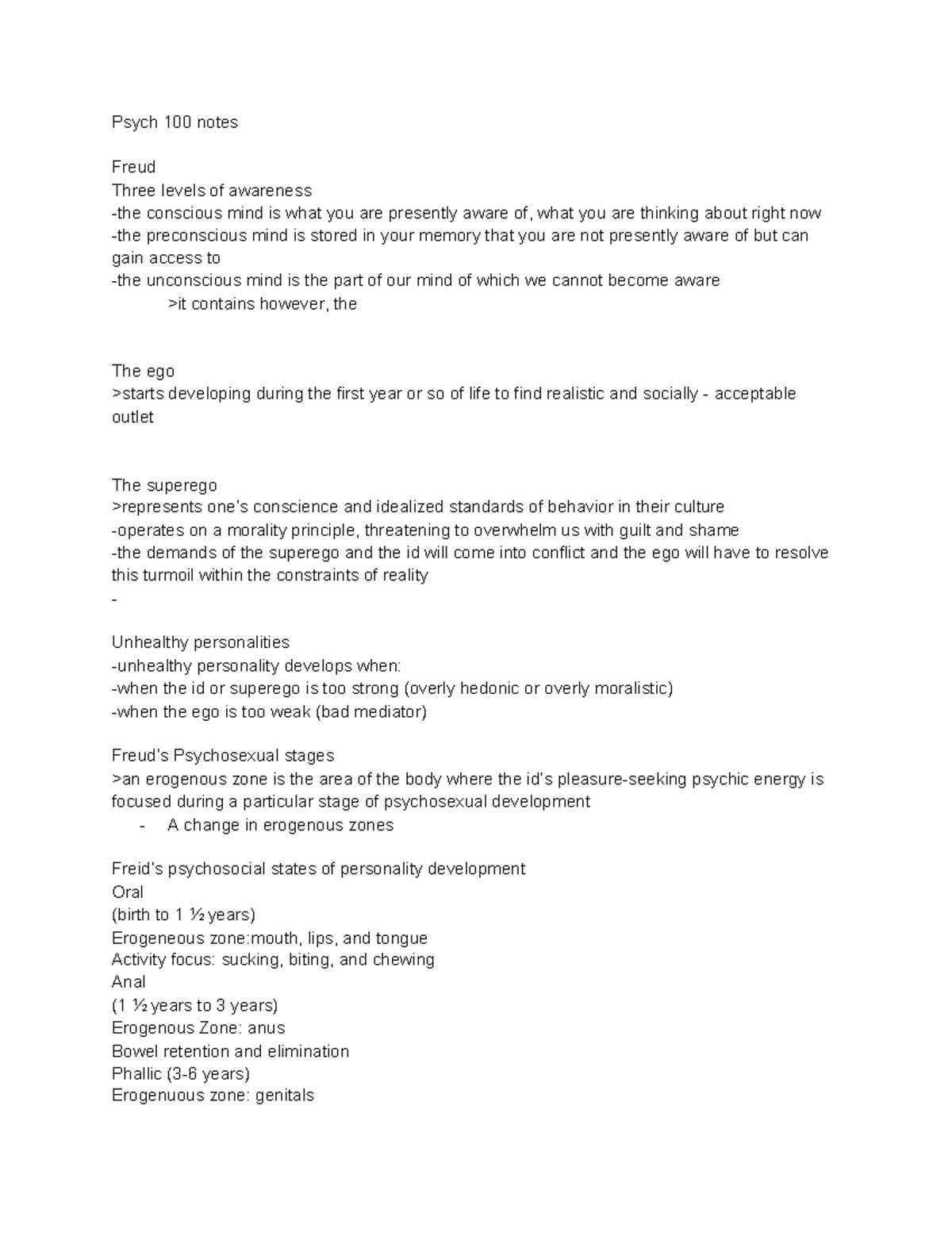 Psych 100 frued notes - Psych 100 notes Freud Three levels of awareness ...