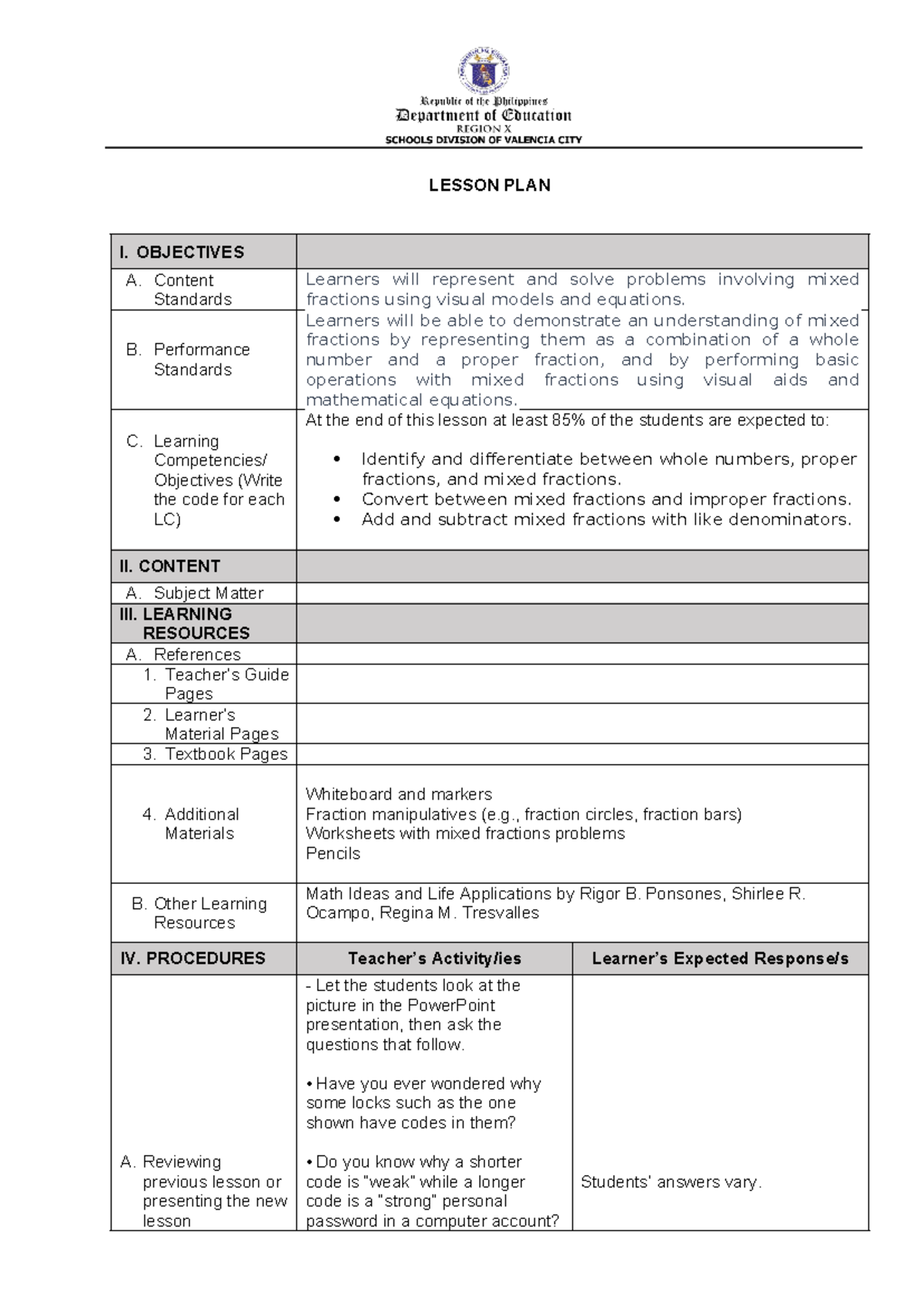 Lesson PLAN Mathematics - LESSON PLAN I. OBJECTIVES A. Content ...