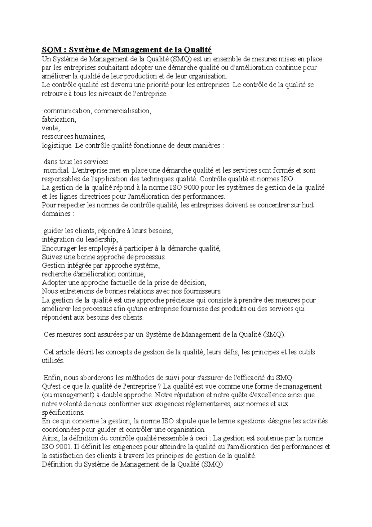 Management Qualit SQM Syst me De Management De La Qualit Un