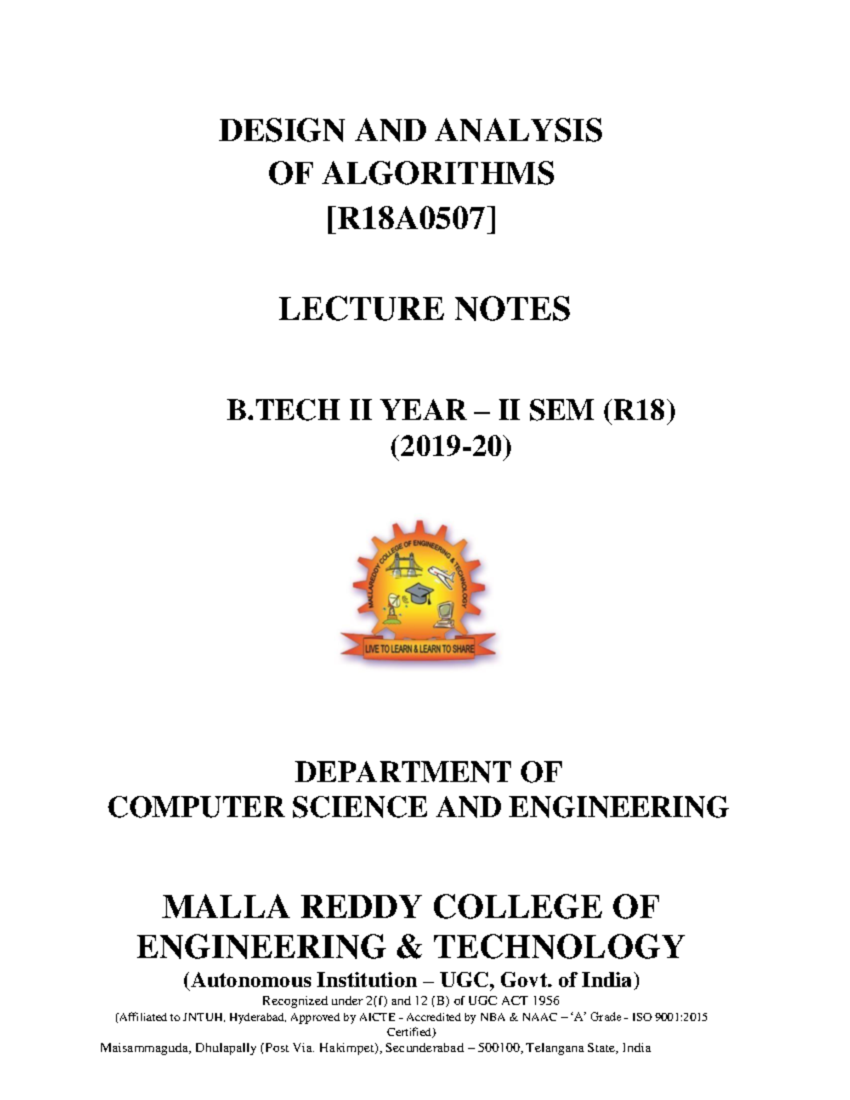 Design And Analysis Of Algorithms Notes Design And Analysis Of Algorithms R18a0507 Lecture 8635