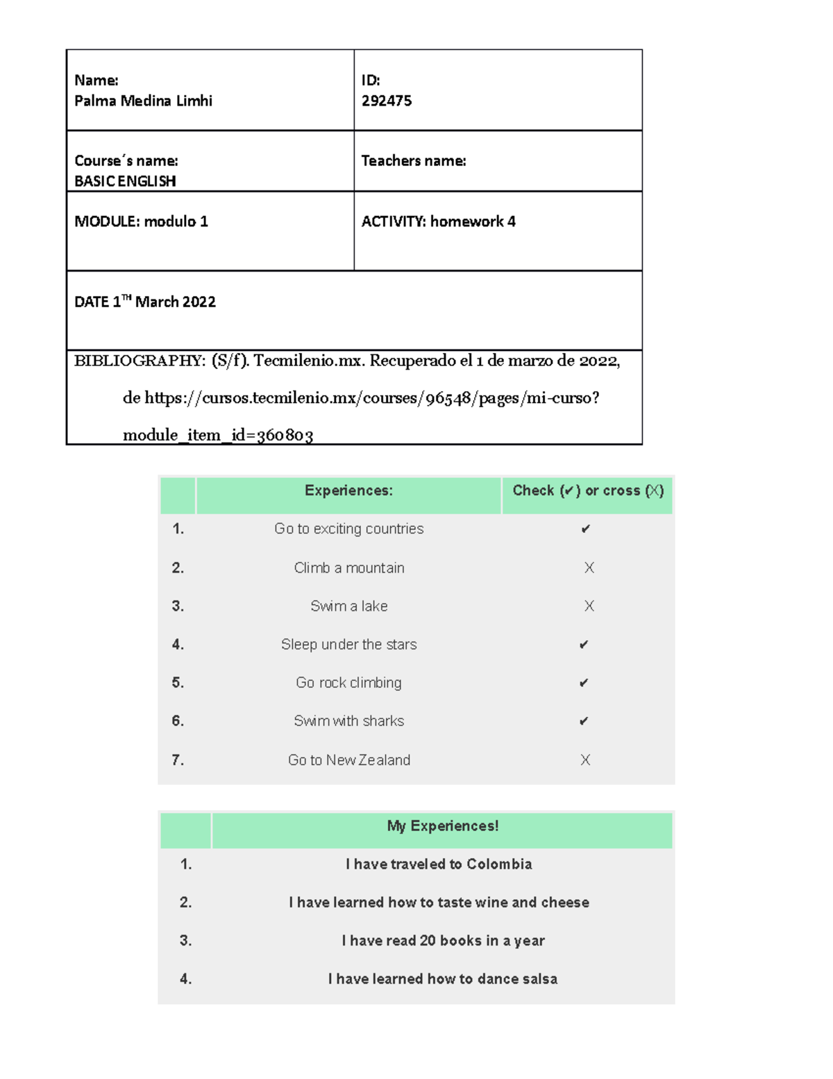 Homework 4 -ingles basico universidad tecmilenio - Name: Palma Medina ...