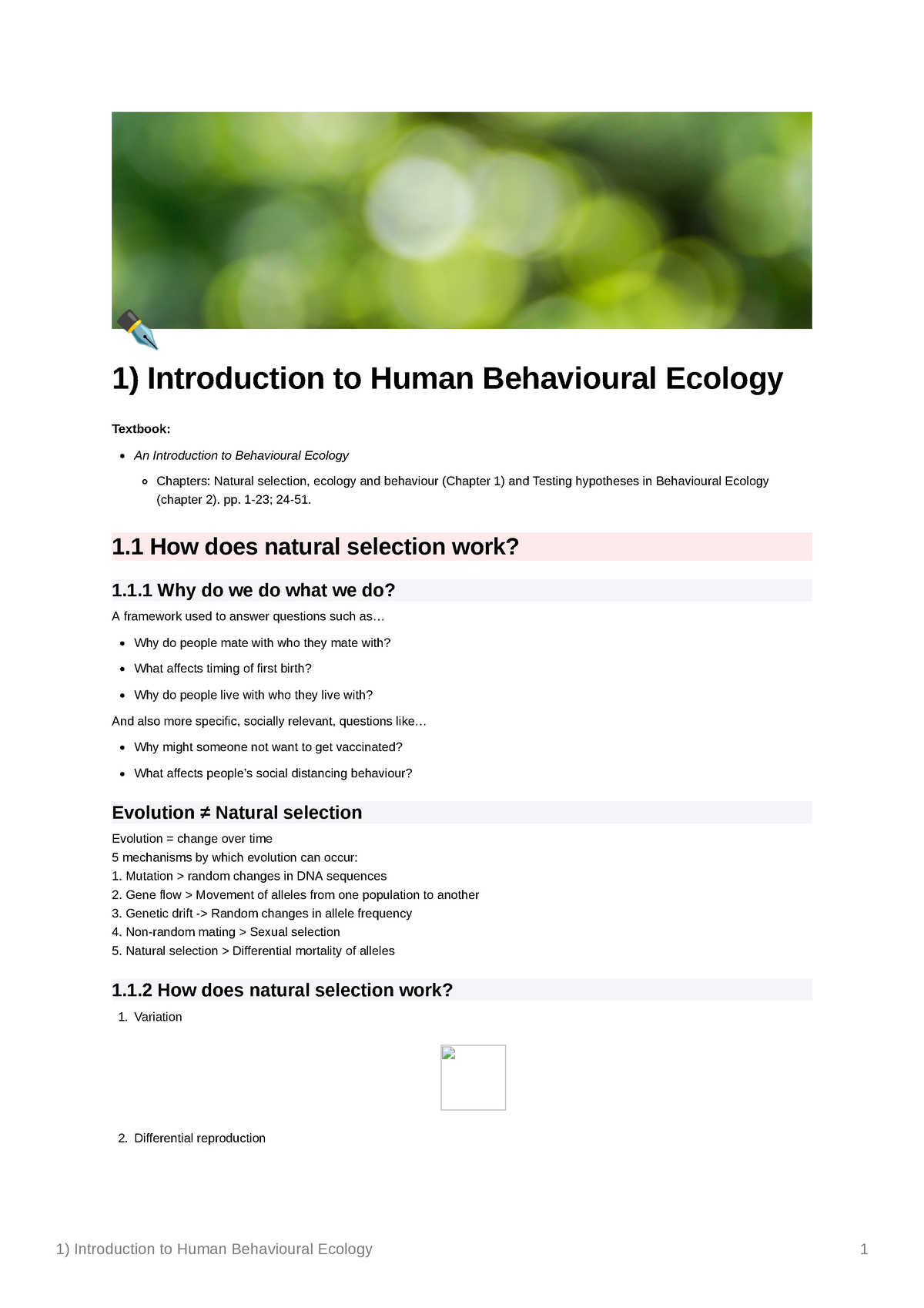 Lecture 1 - 1) Introduction To Human Behavioural Ecology Textbook: An ...