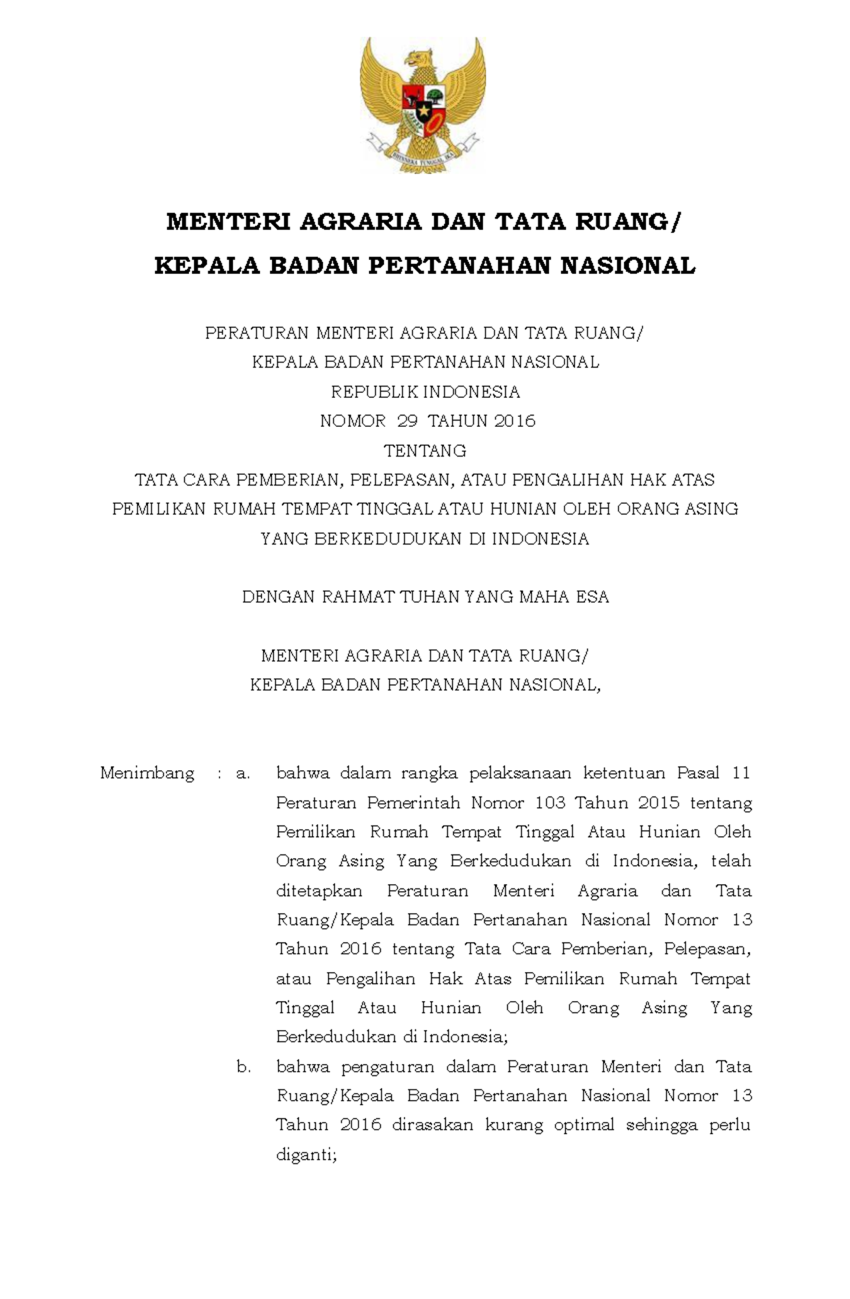 Permen No 29 Tahun 2016 Orang Asing - MENTERI AGRARIA DAN TATA RUANG ...