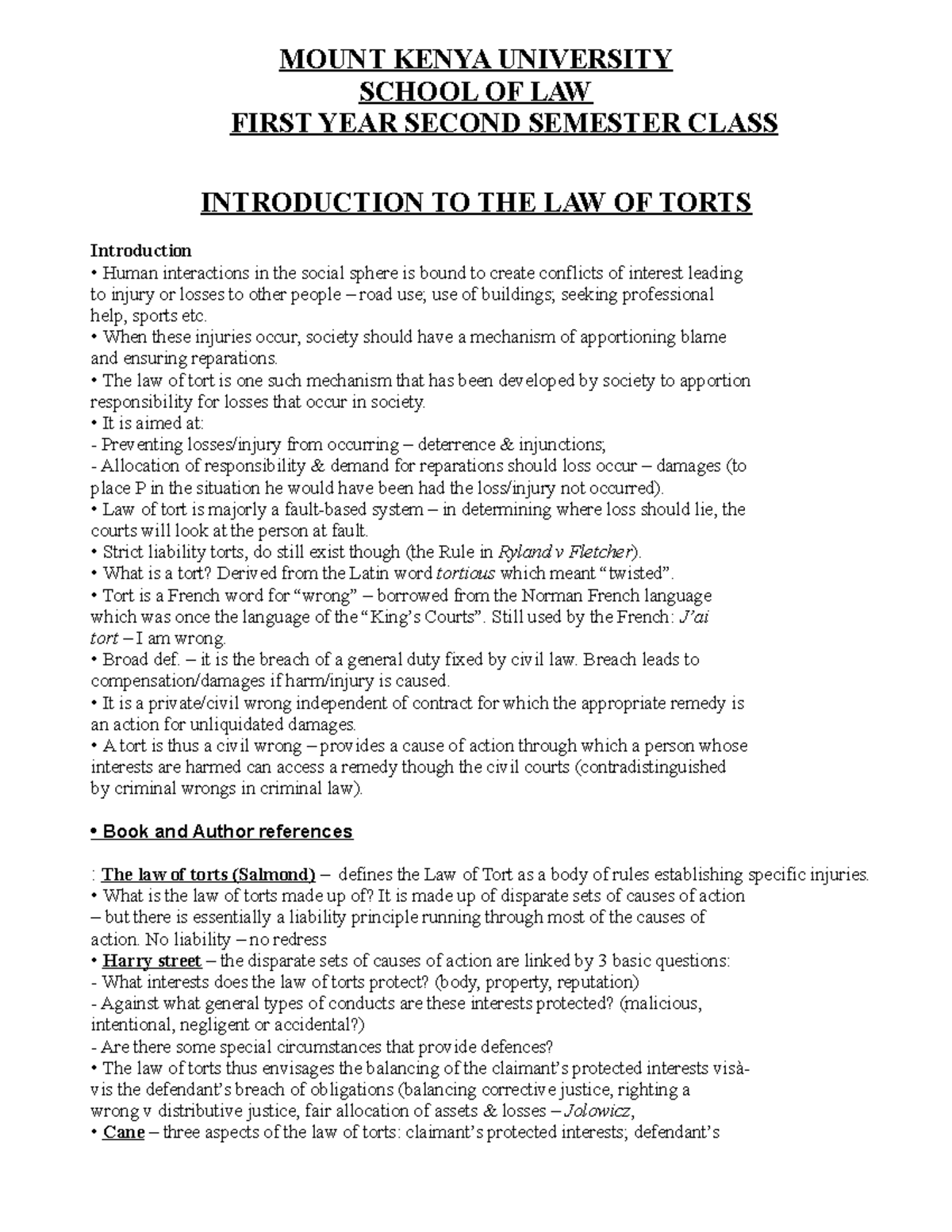 LAW OF Torts notes by Sam Kahonge MOUNT KENYA UNIVERSITY SCHOOL OF
