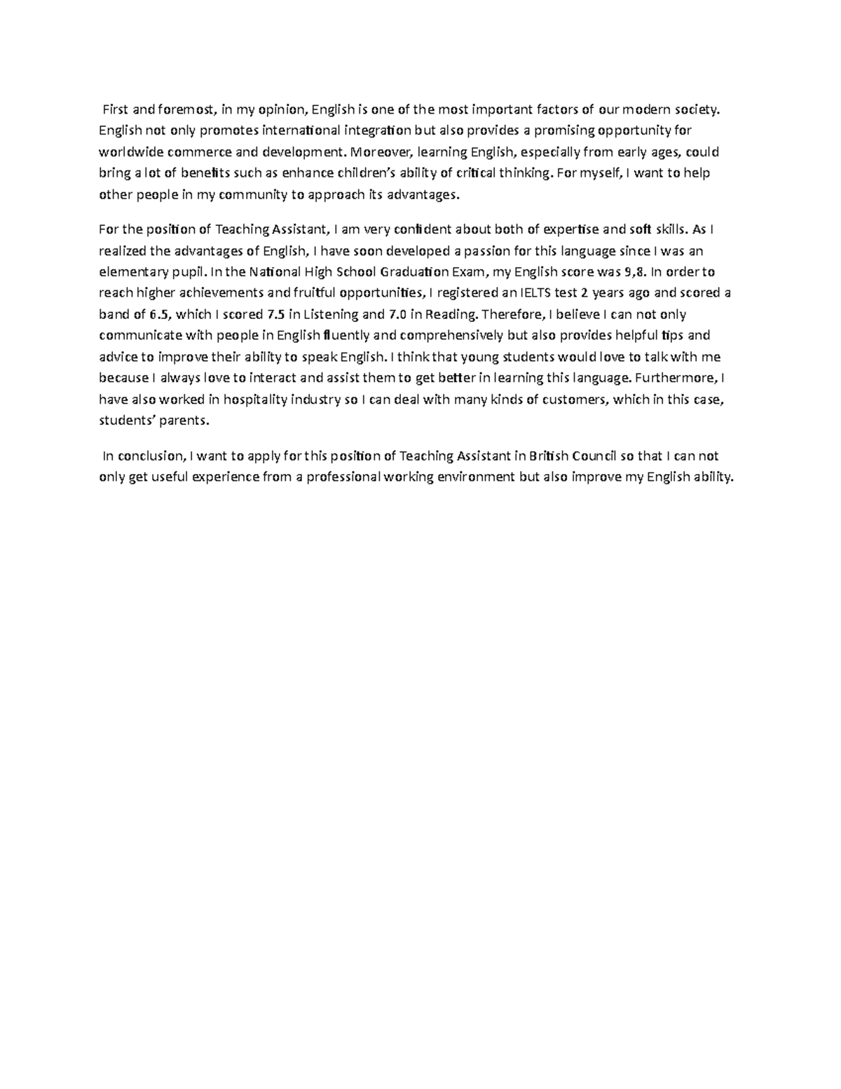 TA Cover letter First and foremost, in my opinion, English is one of