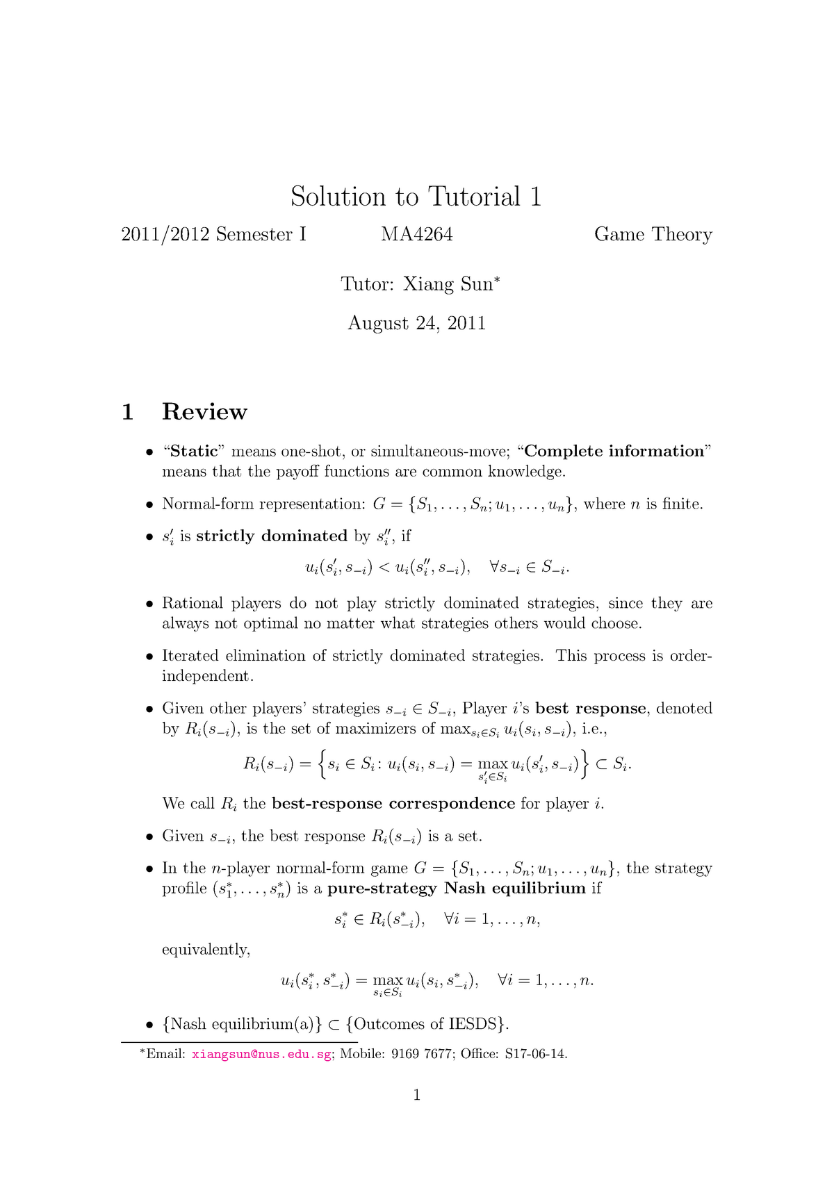 Game Theory Review Eco 355 Sbu Solution To Tutorial Semester Ma4264 Game Studocu