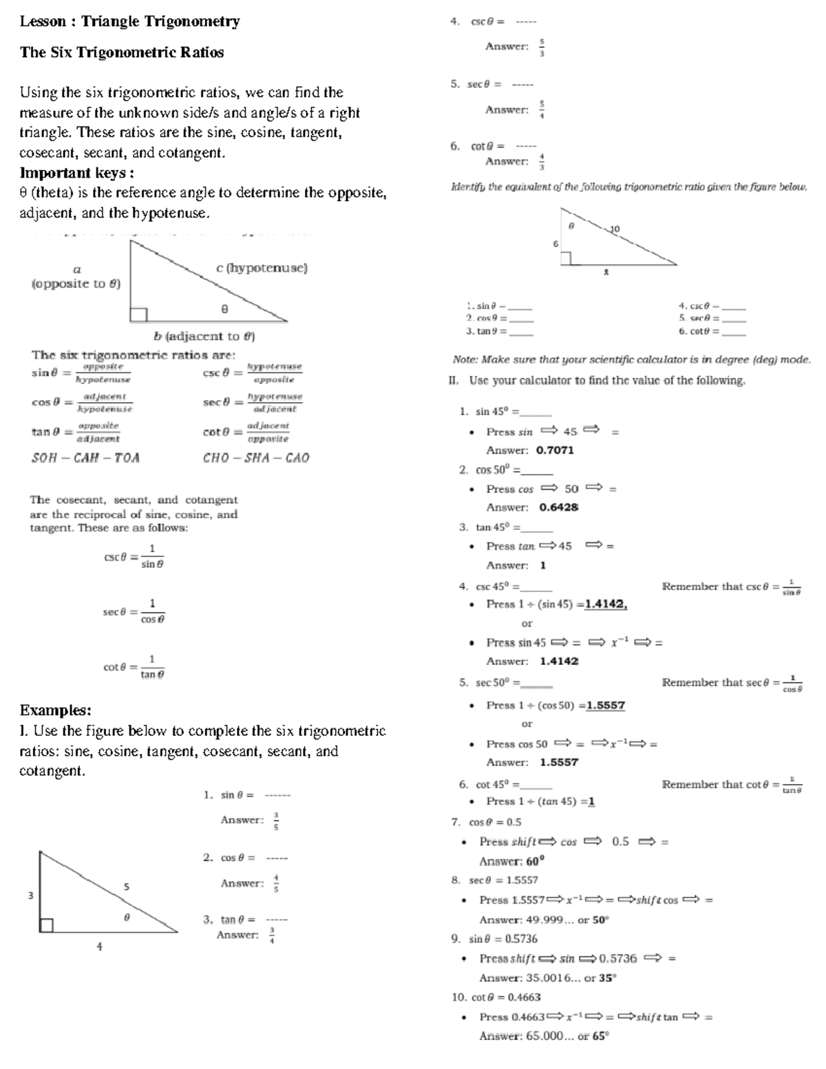 Trigonometric- Ratios - Electrical Engineering - Lesson : Triangle ...