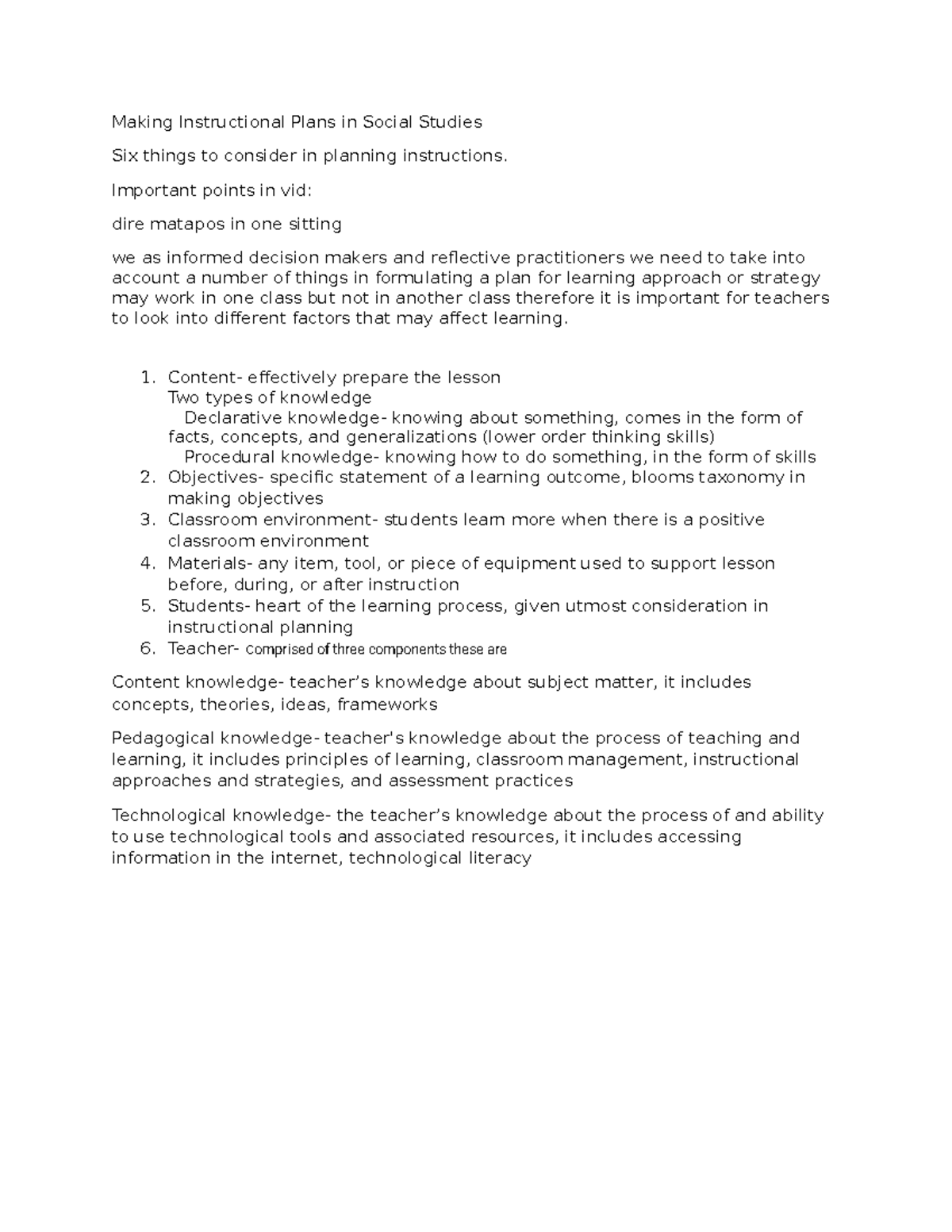 Making Instructional Plans in Social Studies - Important points in vid ...