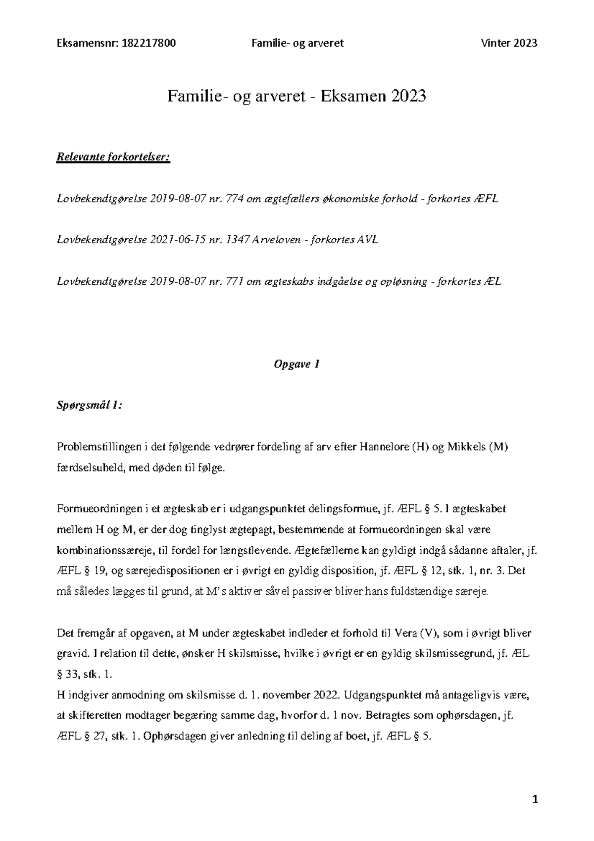 Familie Og Arveret Eksamen 2023 - Familie- Og Arveret - Eksamen 2023 Relevante Forkortelser ...