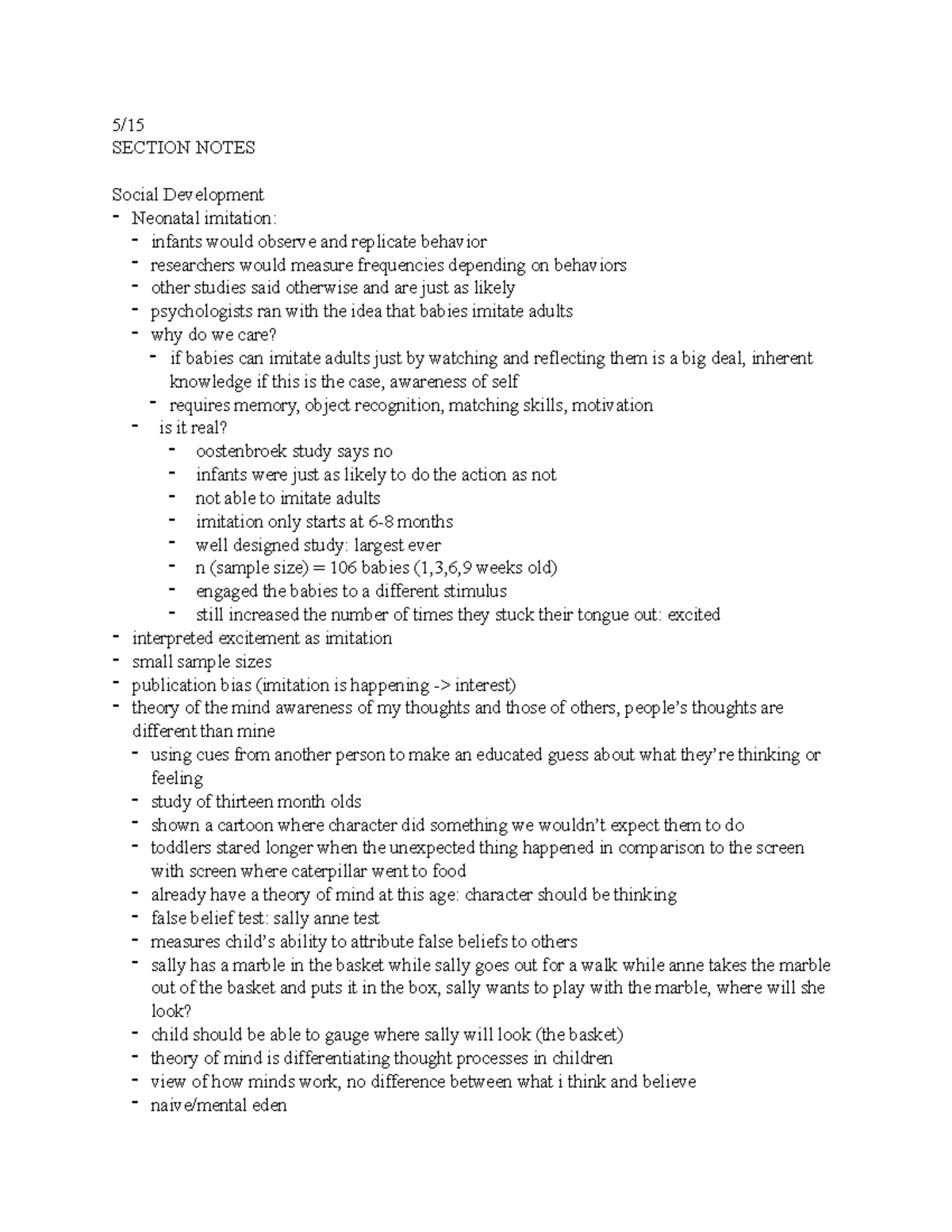 5/15 Lecture Notes - 5/ SECTION NOTES Social Development - Neonatal ...