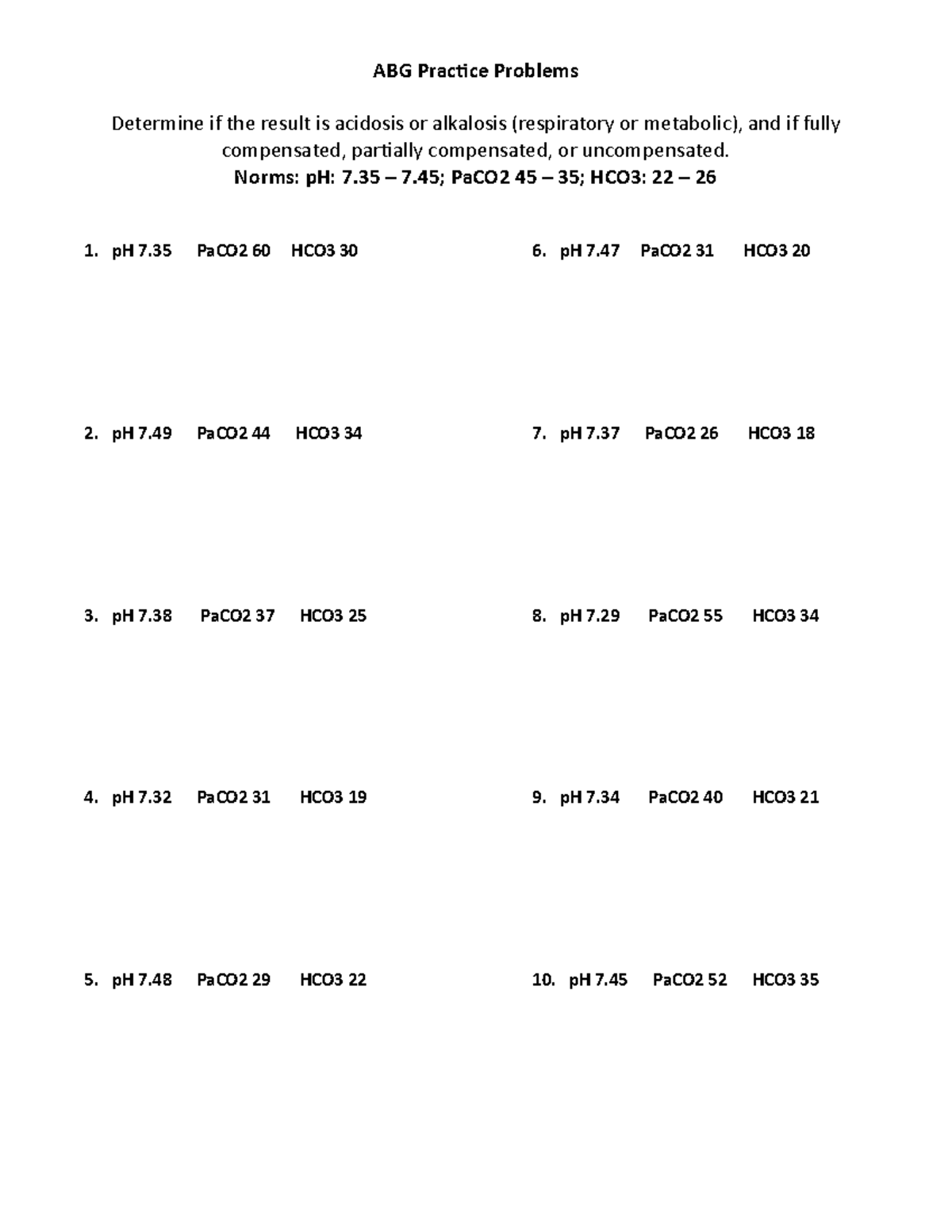 ABG Practice Problems - Determine if the result is acidosis or ...