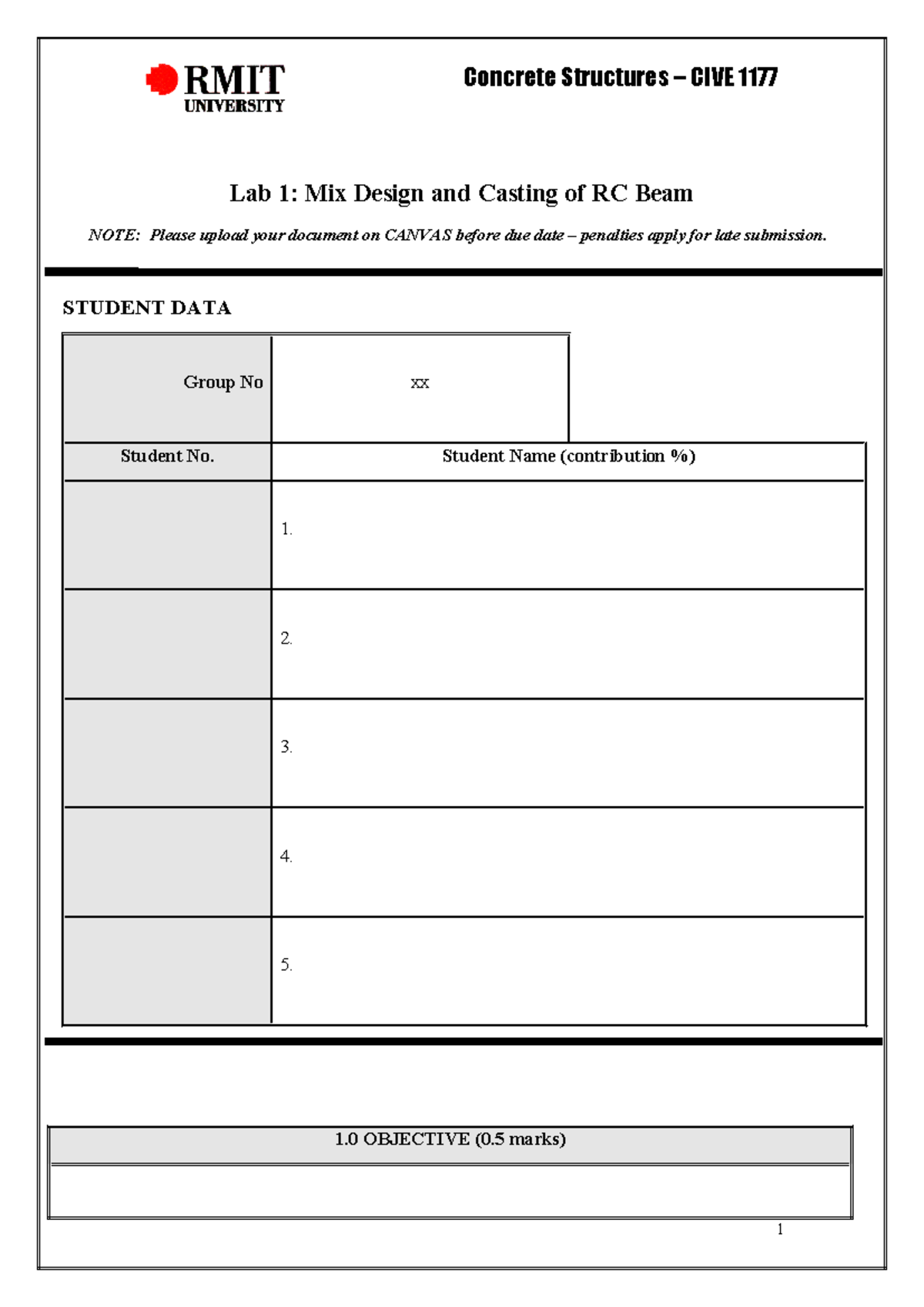Template-Concrete Lab 1 - Lab 1: Mix Design and Casting of RC Beam NOTE ...