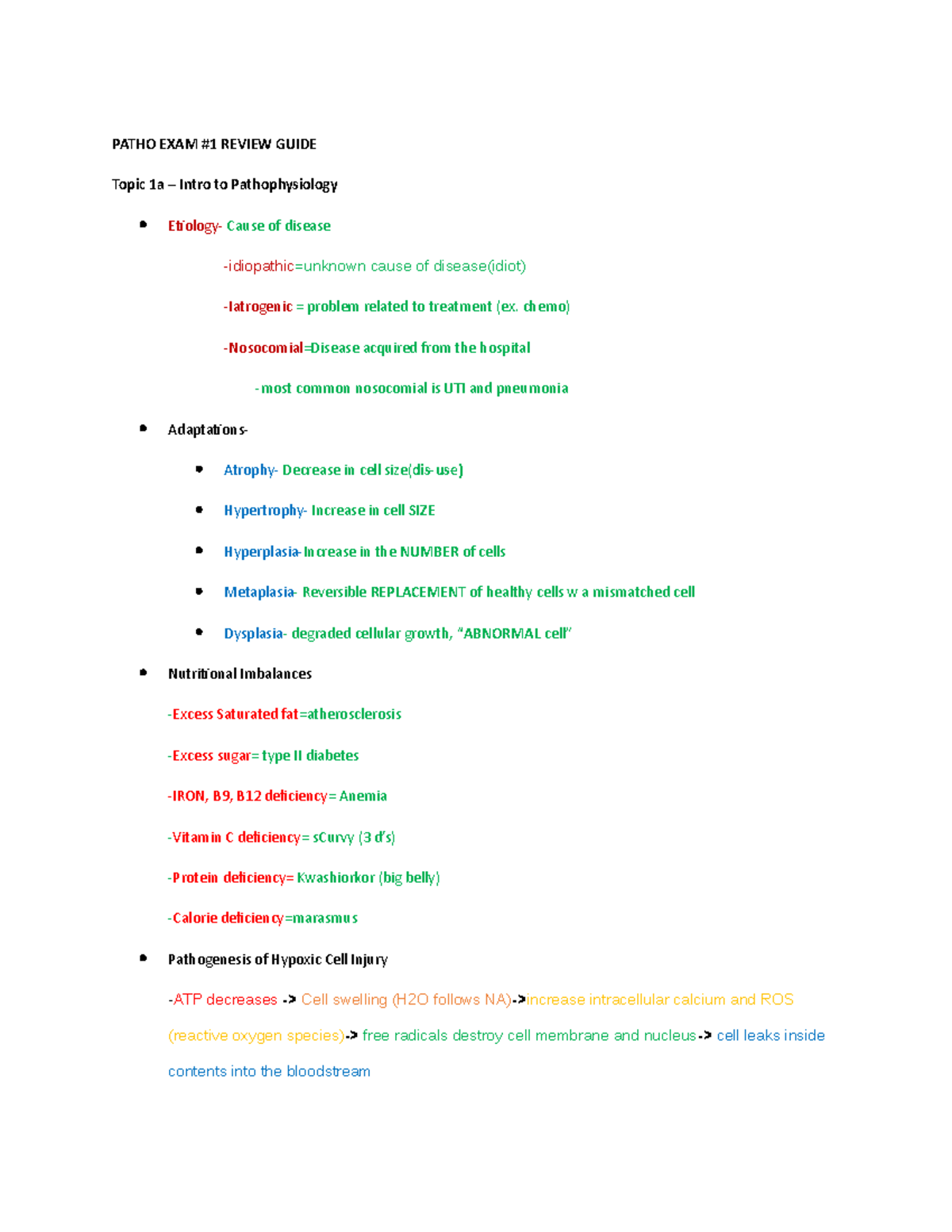 Pathology exam study guide( chapters 1a-2b) - PATHO EXAM #1 REVIEW ...