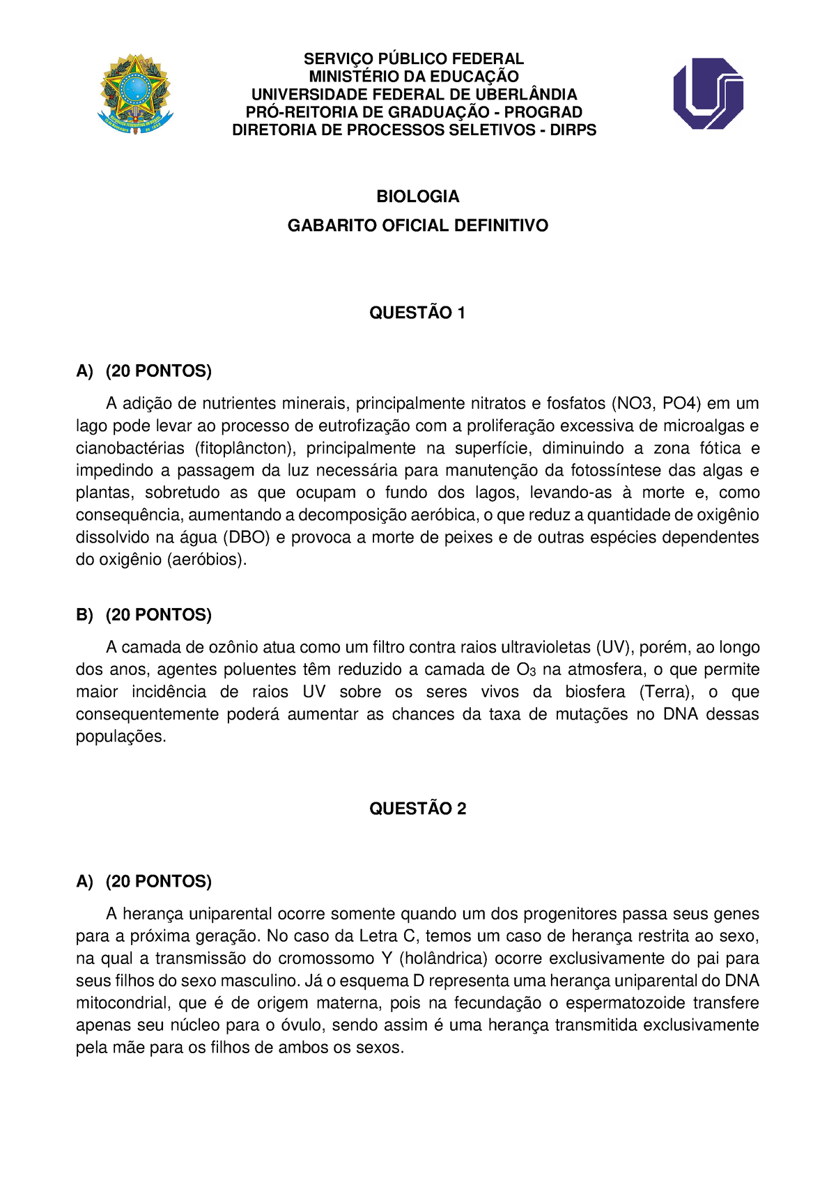 Biologia Gabarito Abertas - SERVIÇO PÚBLICO FEDERAL MINISTÉRIO DA ...