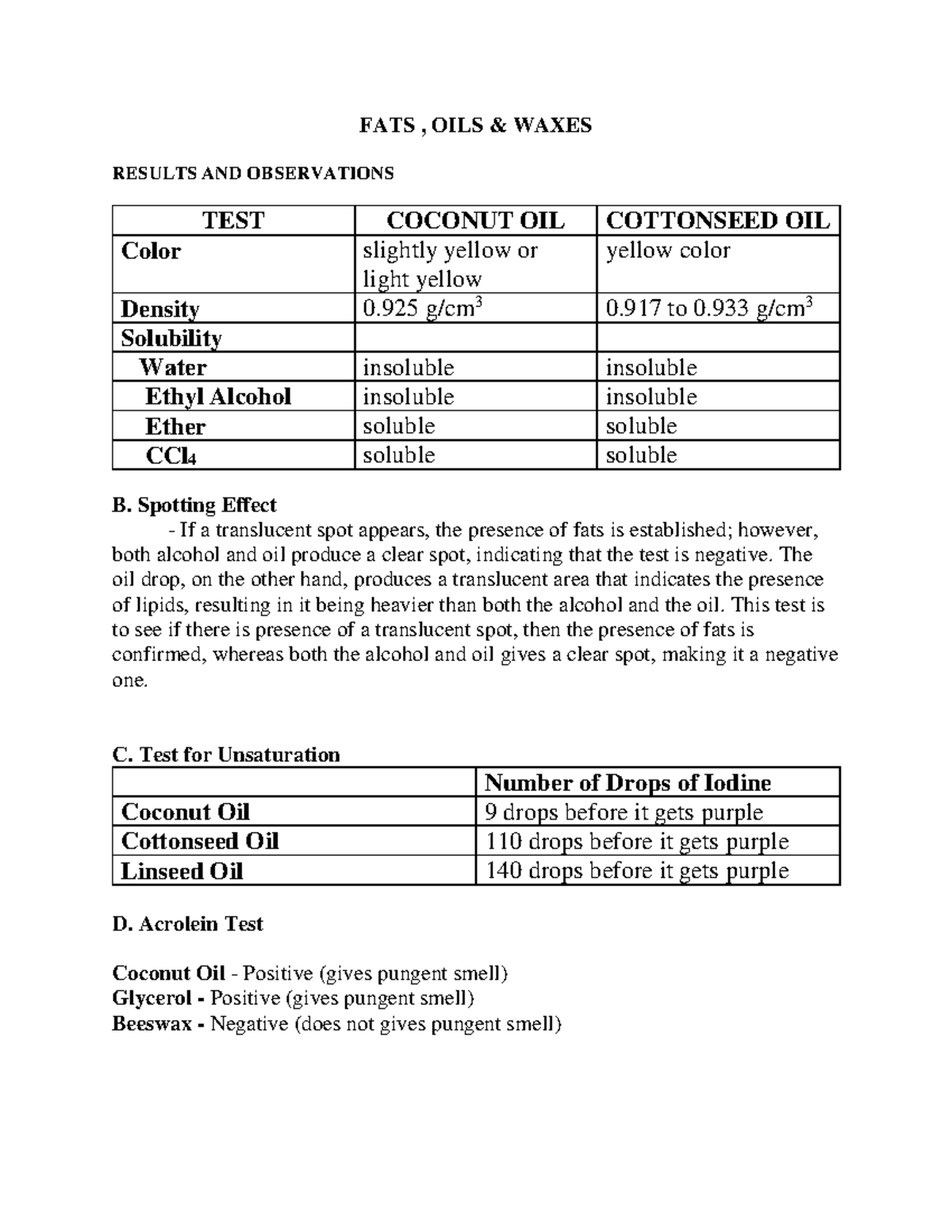 Fats, Oils, and Waxes DATA Sheet FATS , OILS & WAXES RESULTS AND